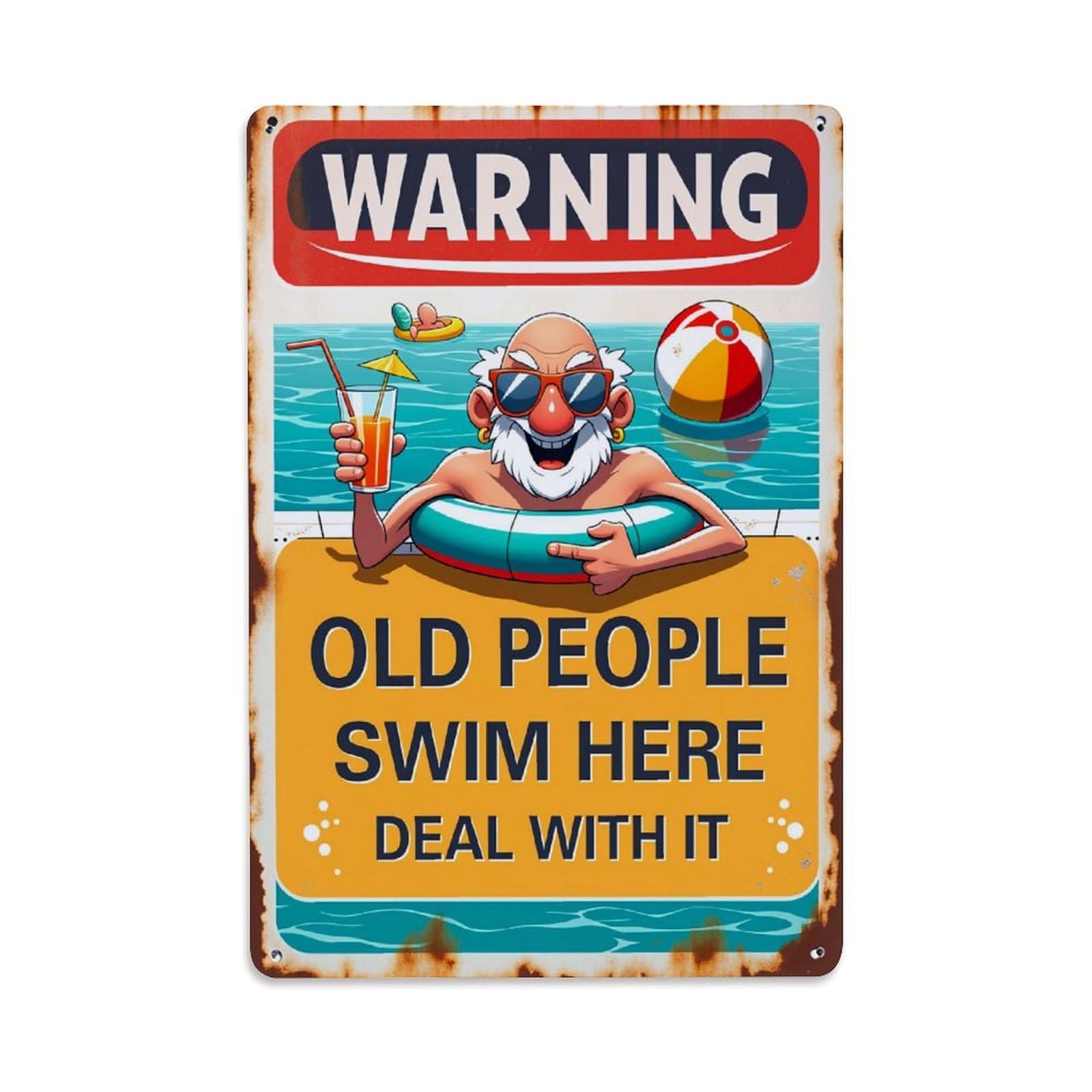 Enderetf Vintage Warning Old People Swim Here Deal With It- Tin Sign Metal Poster, Home Bar Garage Man Cave Cafe Indoor & Outdoor Wall Decoration 8X12inches