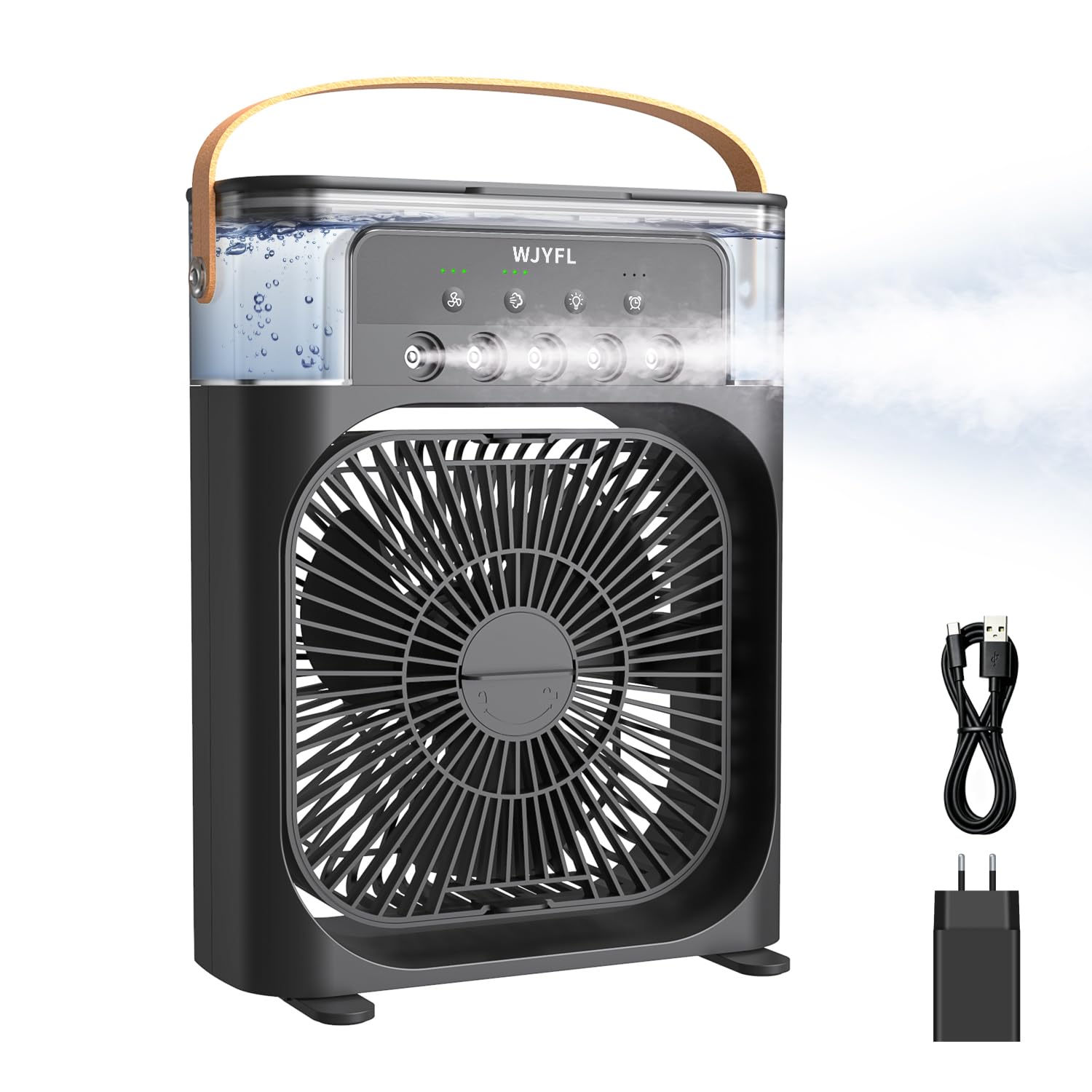 Mini Luftkühler mit 5 Sprühdüsen, 3 Sprühstufen und 600-ml-Wassertank | USB-betriebener Tischventilator mit 3 Windstufen, 1/2/3-Std.-Timer und 7-Farben-LED-Effekt für Büro und Schreibtisch