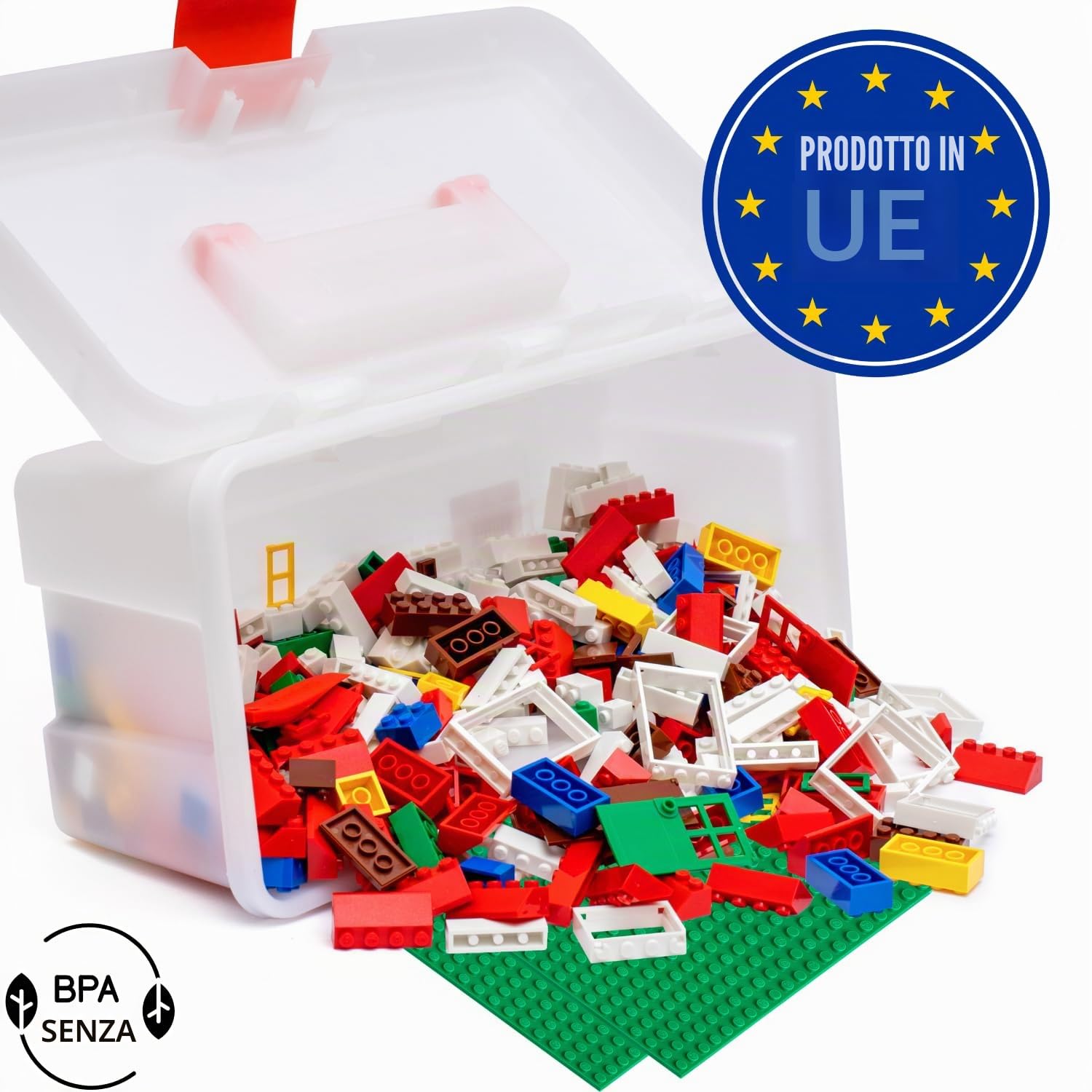 Set creativo con mattoni classici | Set da 400 pezzi | 19 forme comprendono porte, finestre, tegole e baseplate | 8 colori | Custodia riutilizzabile per la conservazione | colori base