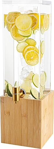 Dispensador de bebidas acrílicas de 1.25 galones con soporte de bambú, dispensador de bebidas heladas con espita de acero inoxidable y núcleo de