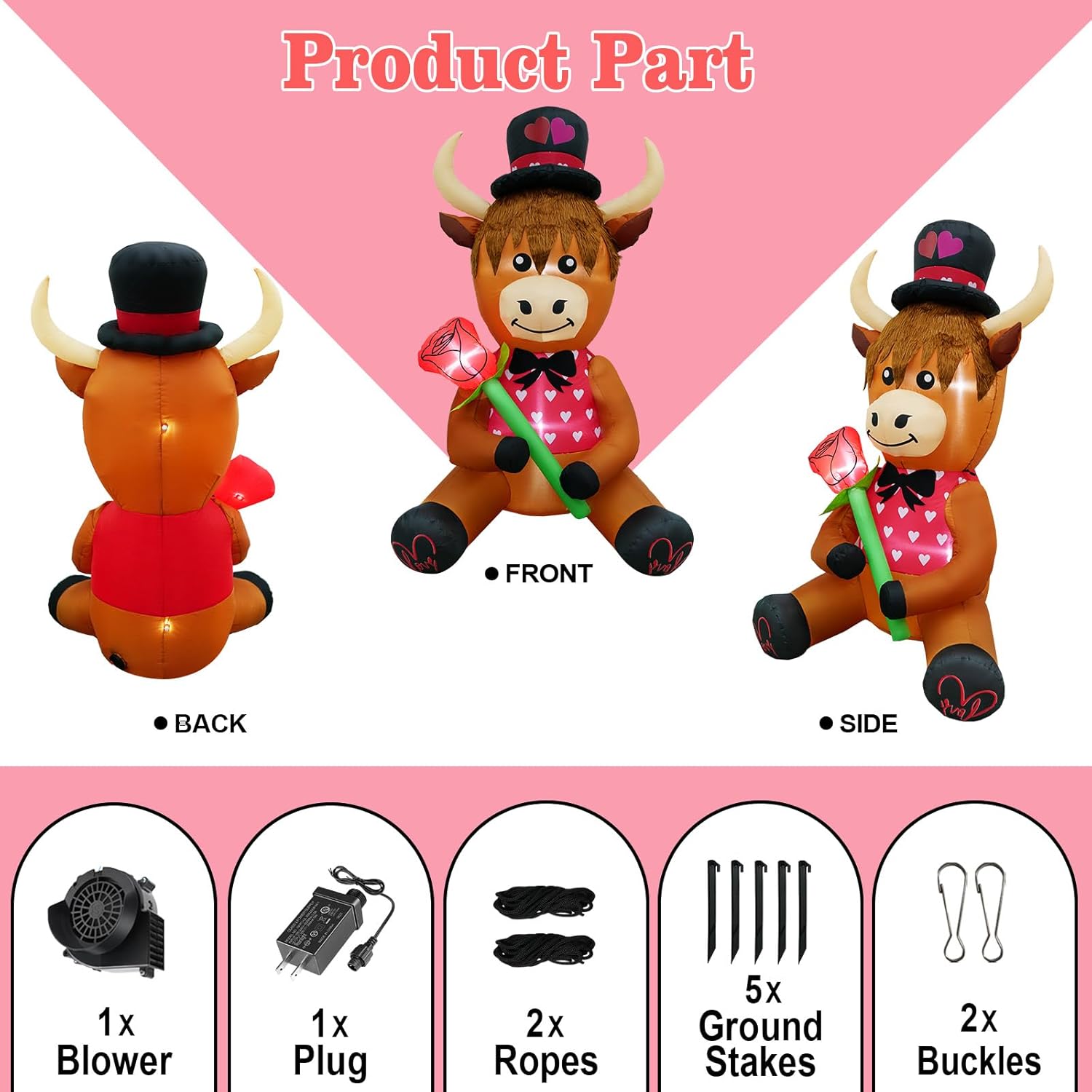 5FT Tall Valentine's Day Inflatable Highland Cow Holding a Rose, Blow Up Valentine's Day Outdoor Decoration Built-in 3 Led Lights for Wedding Propose Indoor Yard Party Supplies