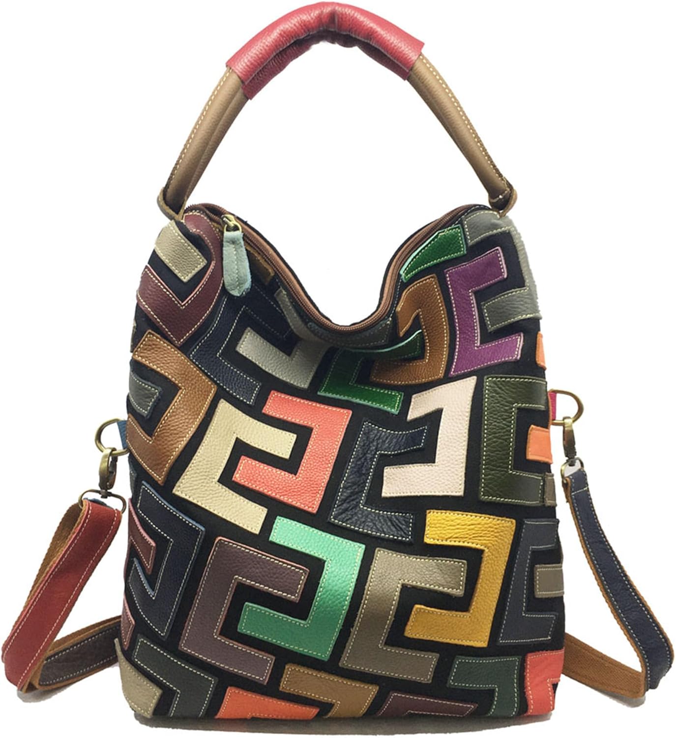 Handmade Cowhide Multi-color Block Random Stitching Unique Style Women's Bag - Crossbody, Shoulder and Handheld