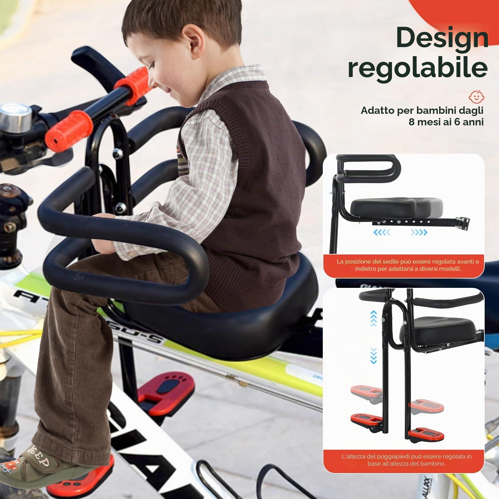 Seggiolino Anteriore per Bicicletta, Seggiolino Bici per Bambini con Braccioli e Pedane, Seggiolino Anteriore per Bici da Montagna, City Bike e Bici Pieghevoli