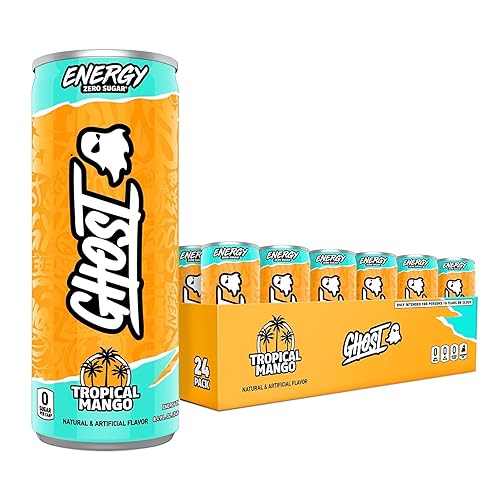 GHOST Energy Drink - 24-Pack, Tropical Mango, 8.4oz - Energy & Focus & No Artificial Colors - 100mg of Natural Caffeine, L-Carnitine & Taurine - Gluten-Free & Vegan