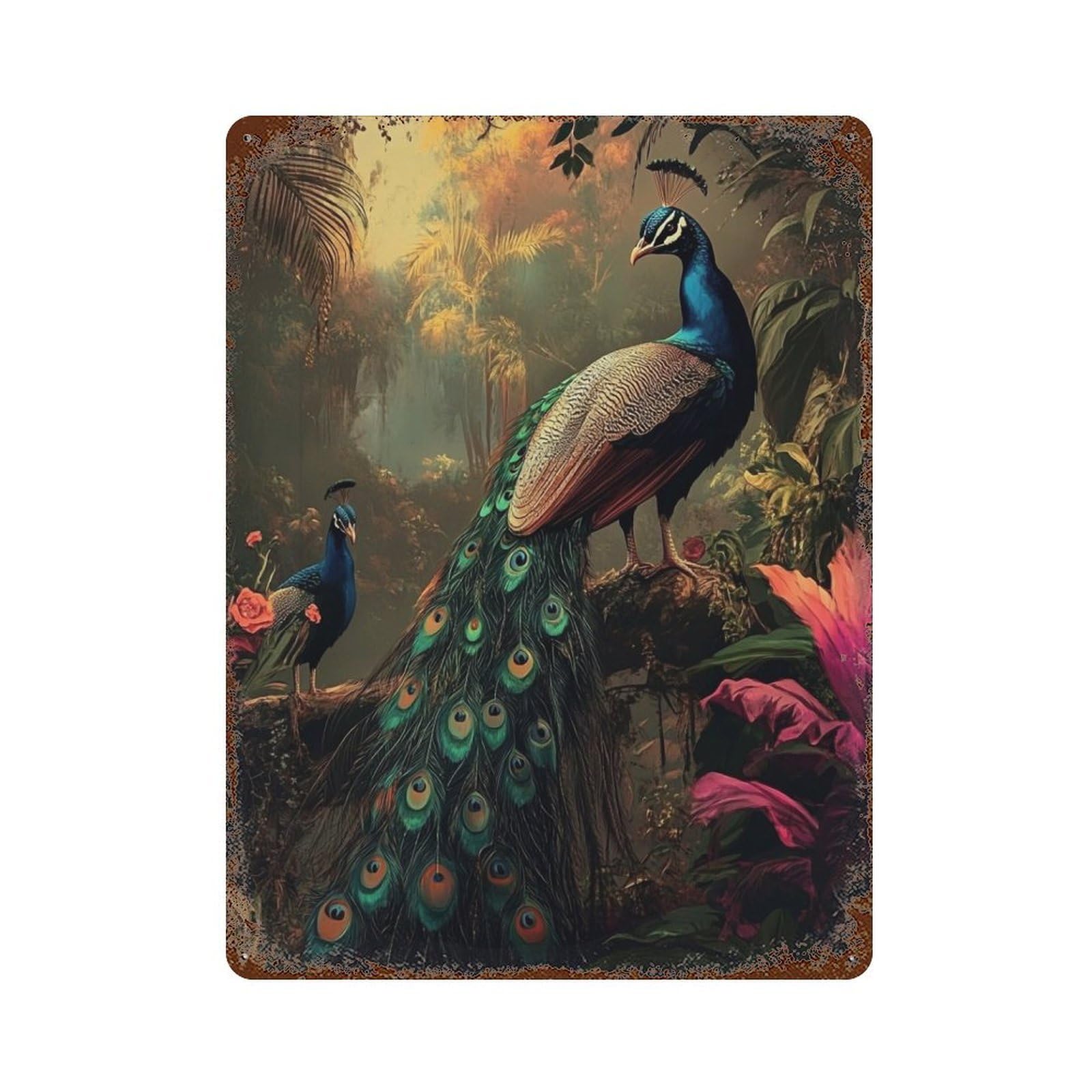 Amazon Rainforest Peacocks Rust Effect Tin Sign 15.7"x11.8", Vintage Wall Decor for Garage, Pub Or Kitchen