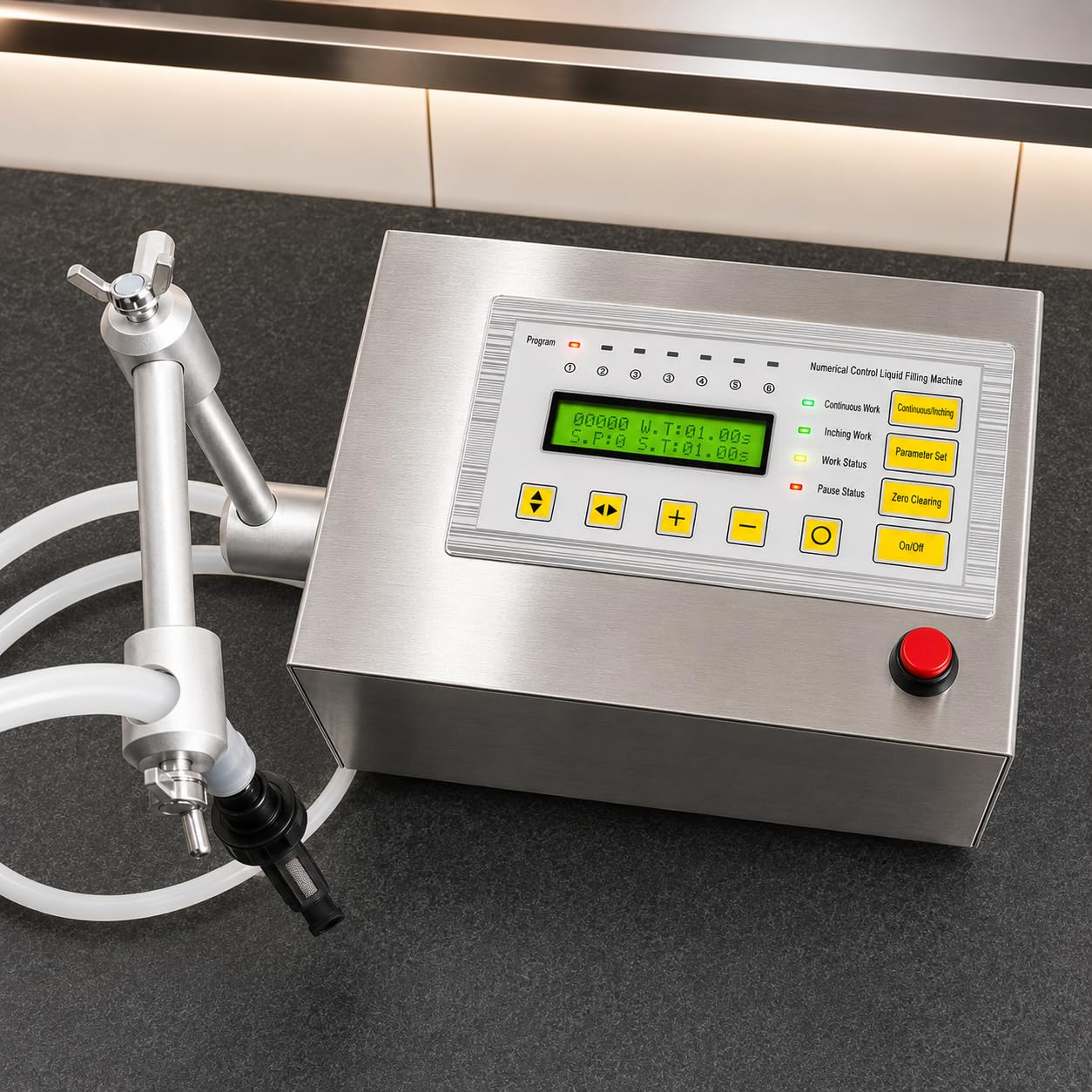 Máquina compacta de llenado de líquidos con control por microcomputadora, boquilla antigoteo y tubo de silicona para agua, aceite, perfume y más.