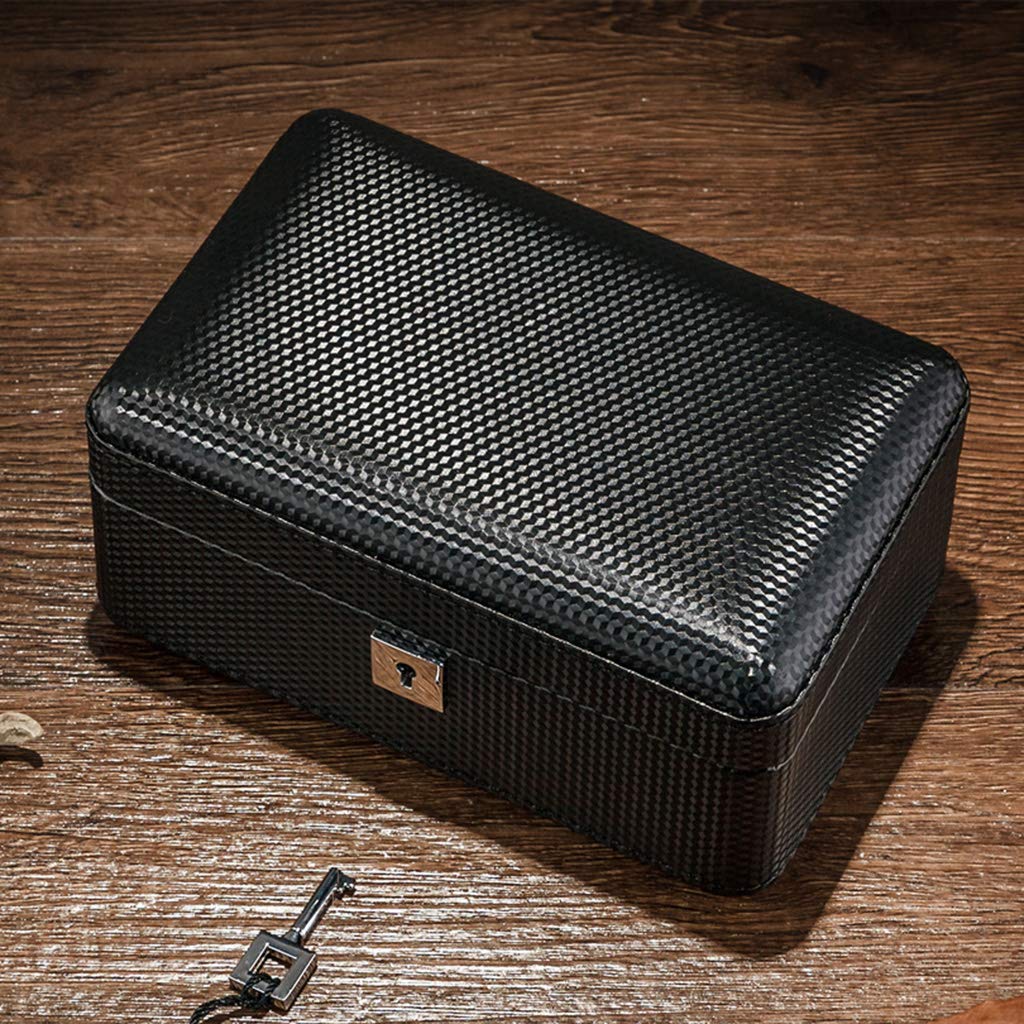 MUSUMI Caja de almacenamiento para exhibir joyas de 3 relojes, bandeja de pulsera de Fibra de carbono con 3 almohadillas de almacenamiento extraíbles y cerradura de Metal con cerradura (Marrón)