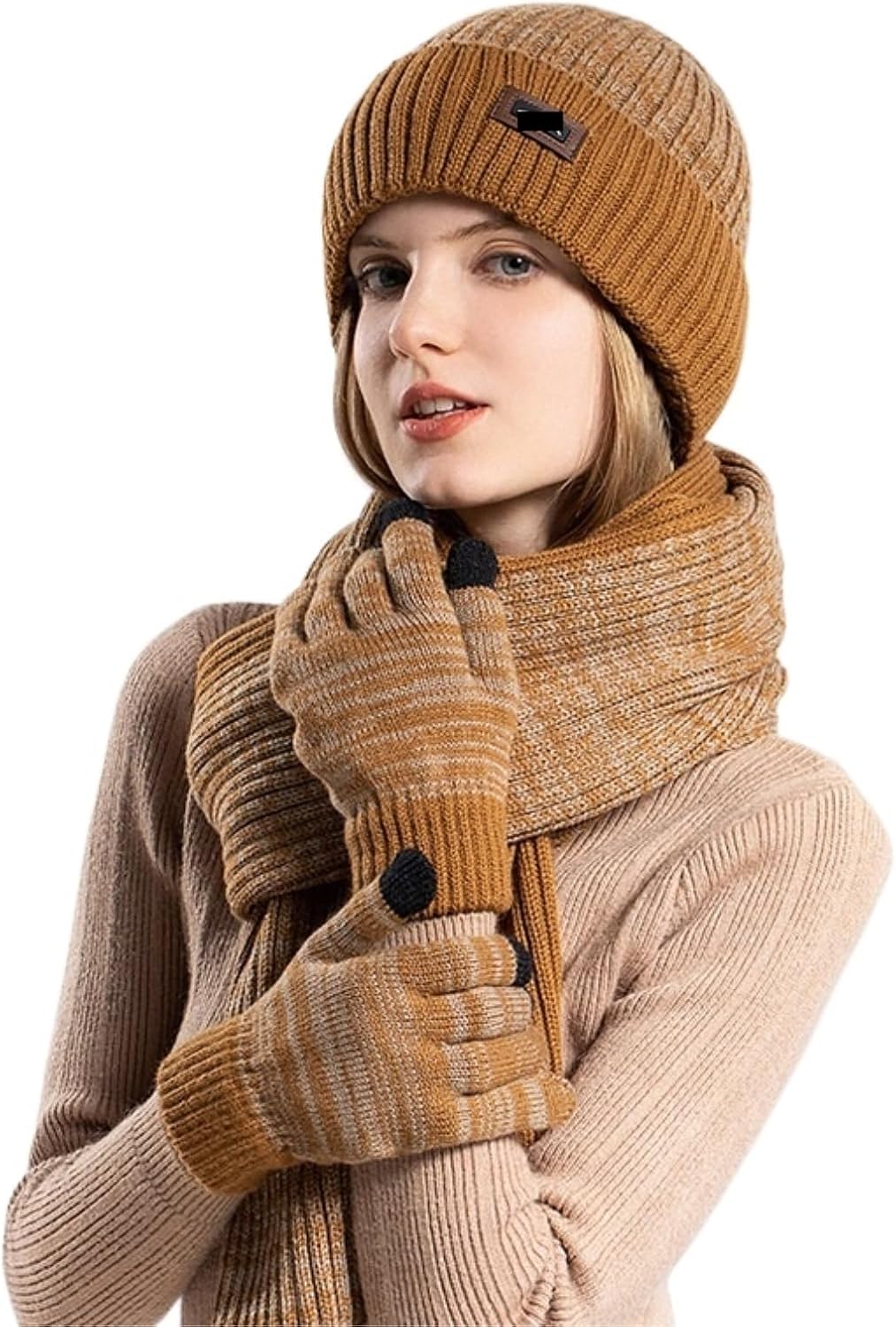 Hat Scarf Gloves Set Hat Gloves and Scarf 3piece Outdoor Fleece-Lined Warm Set Winter(Brown)