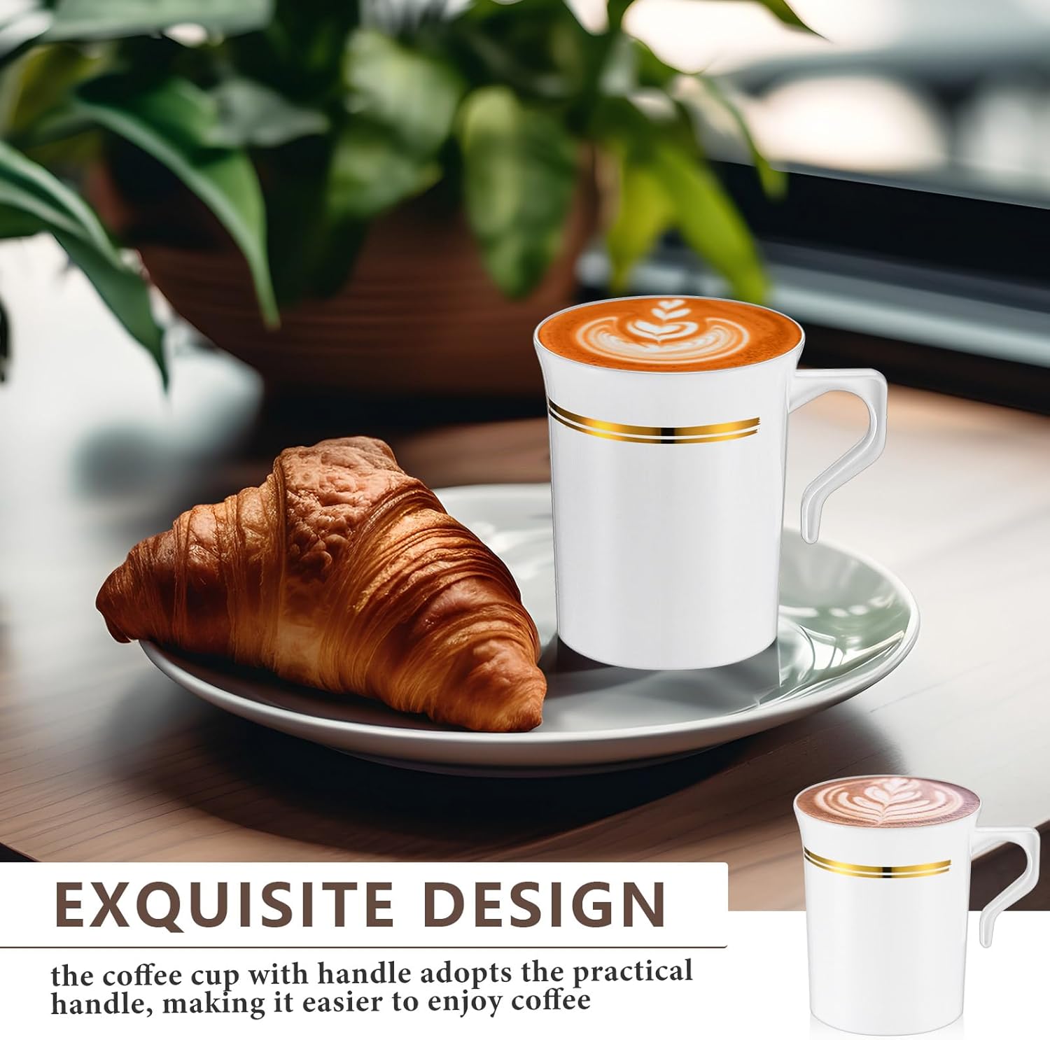 Baderke 48 Pcs Plastic Coffee Cups with Rim 8 oz Disposable Coffee Mugs with Handle Disposable Tea Cups Espresso Beverage Plastic Mugs for Wedding (White,Gold) - Image 4