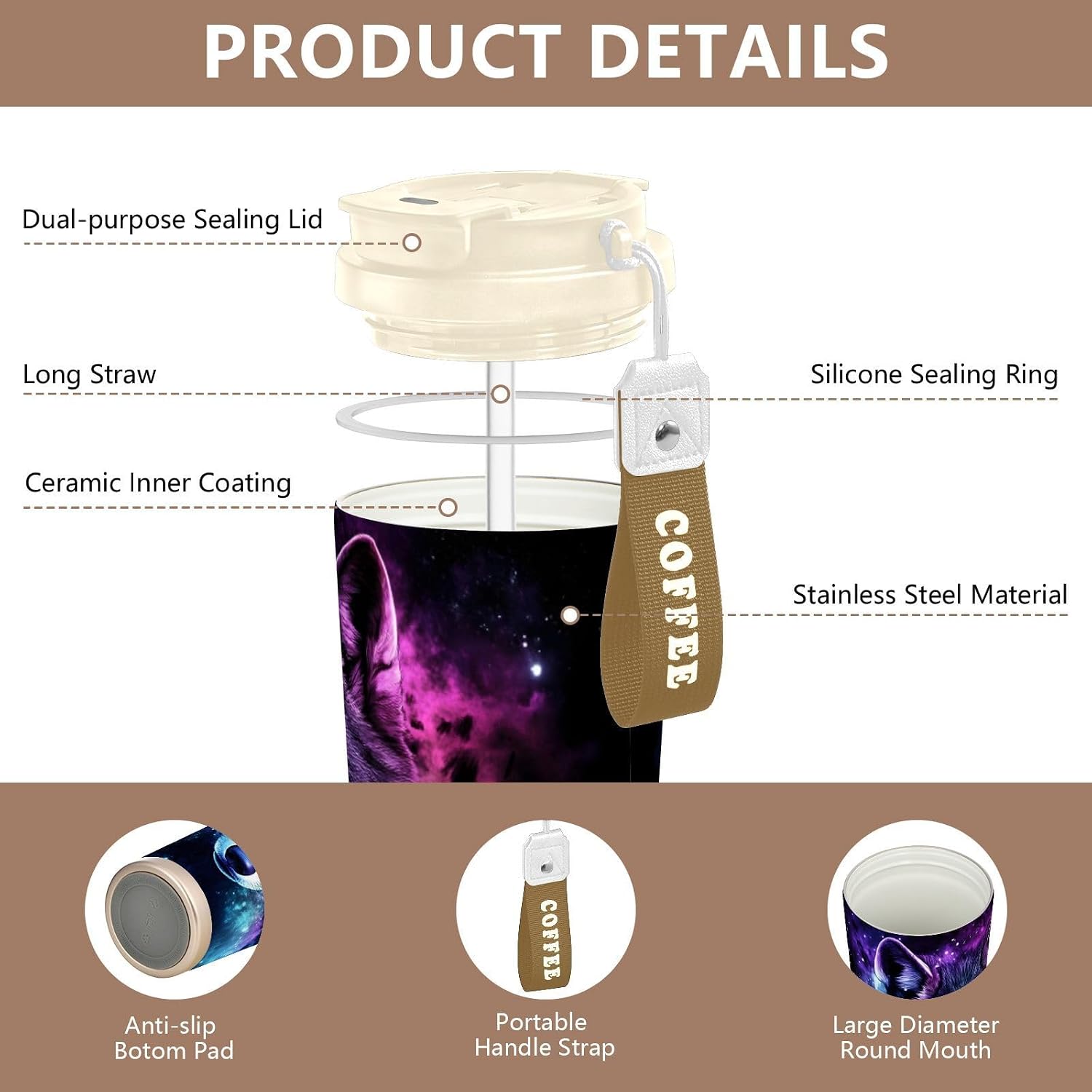 Wolf Portrait Galaxy Insulated Coffee Mug with Straw & Flip Lid, 16.9oz Iced Tumbler Cup, Double Wall Vacuum Mug for Travel Office