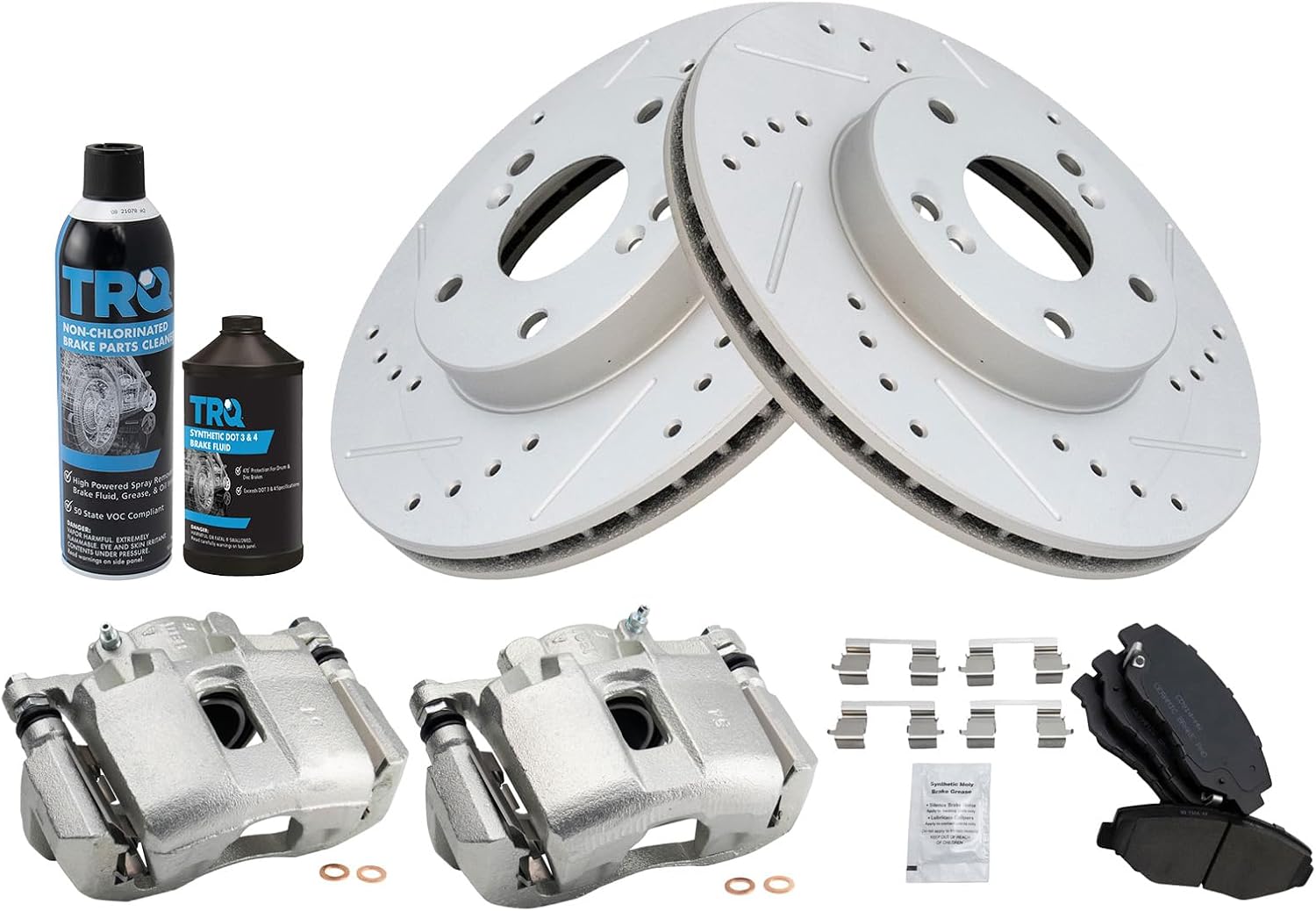 TRQ Front Performance Brake Pad & Rotor Kit Brake Caliper Brake Chemical Kit Brake Pads Brake Rotors Set Ceramic Premium G-Coated Compatible with 2003-2004 Honda Accord
