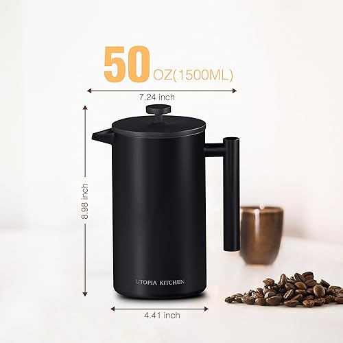 Miniatura 7 de Utopia Kitchen Cafetera de prensa francesa de acero inoxidable de 50 onzas, cafetera de prensa francesa, prensas de café portátiles de viaje de