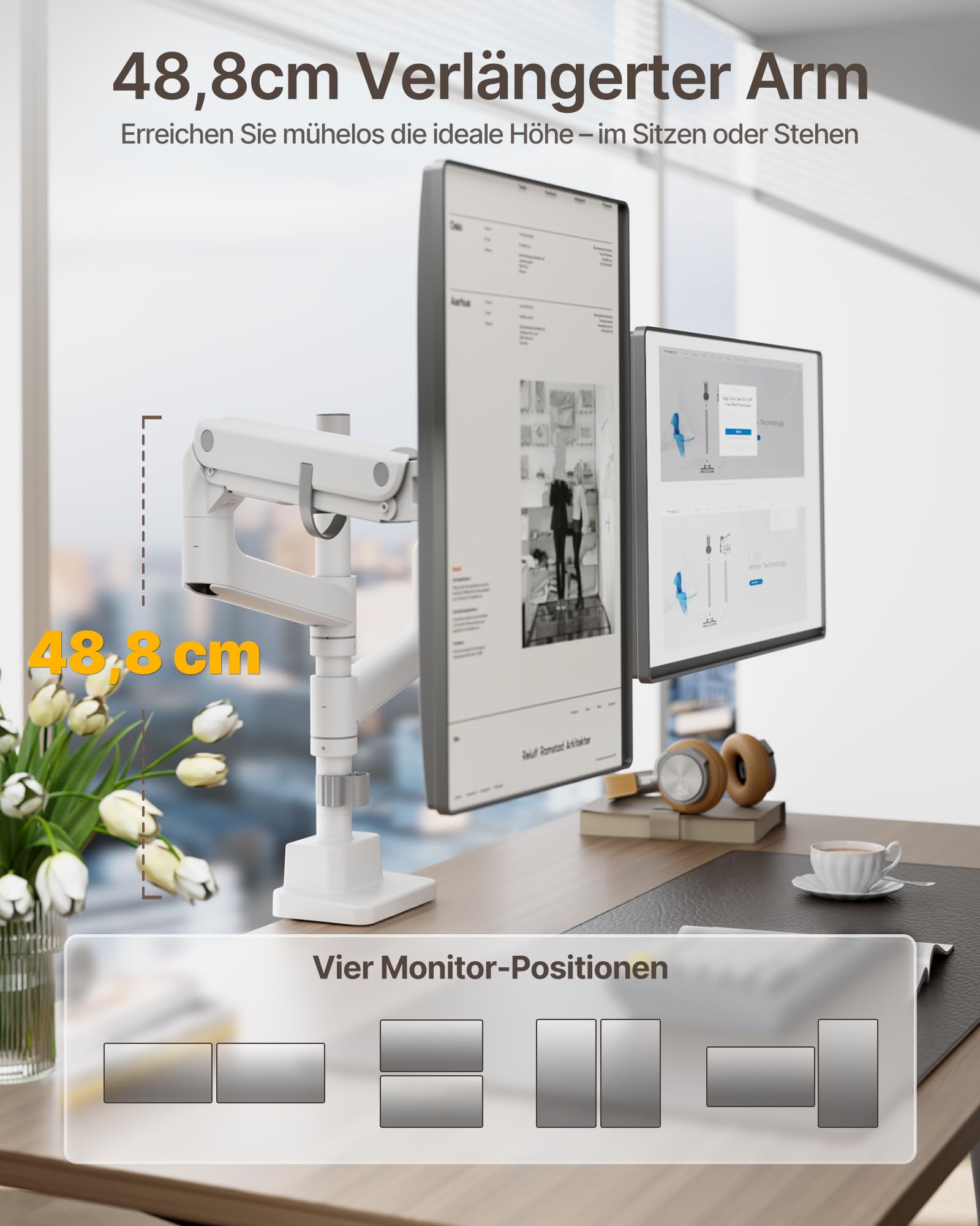 monTEK Monitor Halterung 2 Monitore für 17-57 Zoll Bildschirme bis zu 27 kg | Aluminium Schwerlast-Gasfeder, für Gebogene Bildschirme Verstellbarer Monitorständer, 75/100 mm VESA Halterung, Weiß