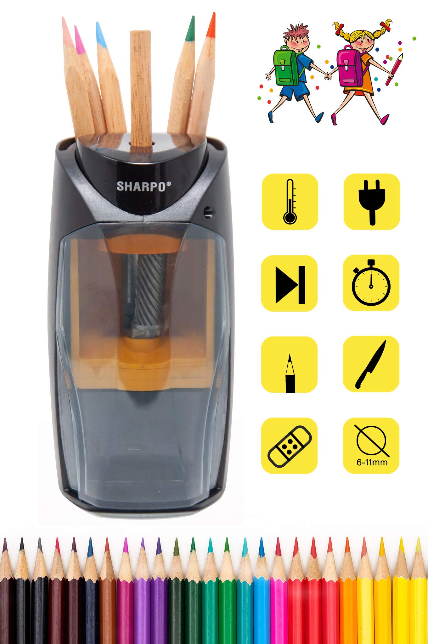 Sharpo 711 Elektrischer Anspitzer für Buntstifte, Buntstifte und Bleistifte - Anspitzer für Kinder, Kindergärten, Büro und Haus