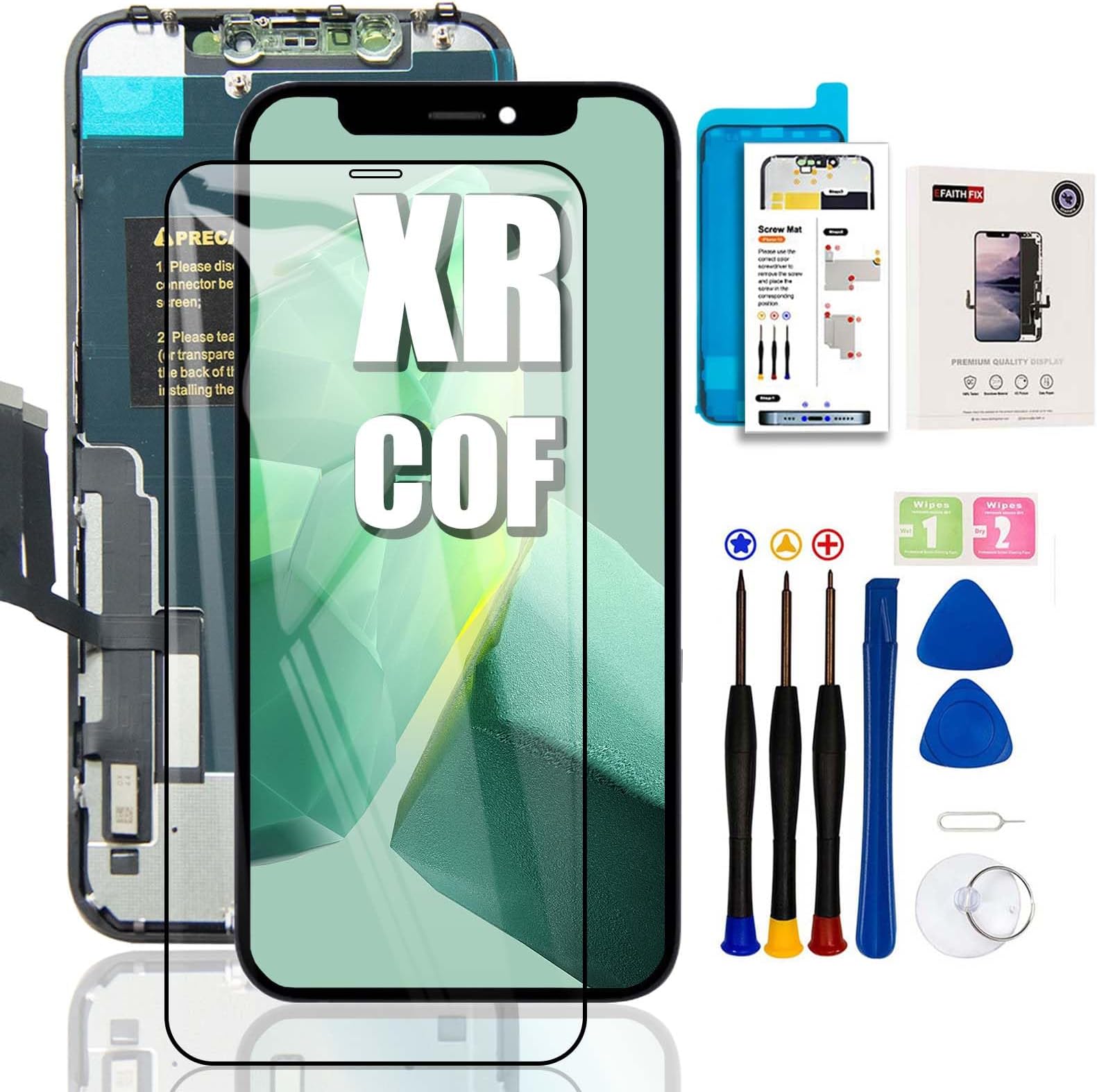EFAITHFIX for iPhone XR Screen Replacement COF 6.1 Inch LCD Screen Frame Assembly 3D Touch Display Screen Digitizer for A1984/A2105/A2106/A2108 with Repair Tools kit Tempered Glass Waterproof Adhesive