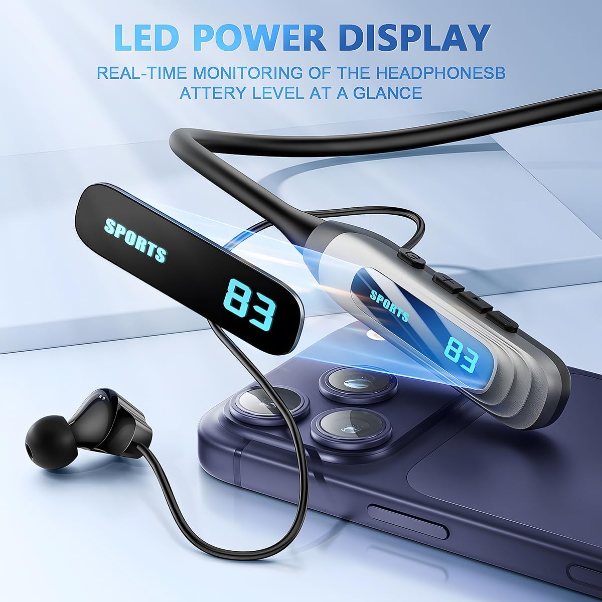 Neckband Bluetooth Headphones，80H Playback Wireless in-Ear Earbuds with Microphone, Sweatproof Around The Neck Headphones for Sport,Running,Workouts (Black) - Image 2