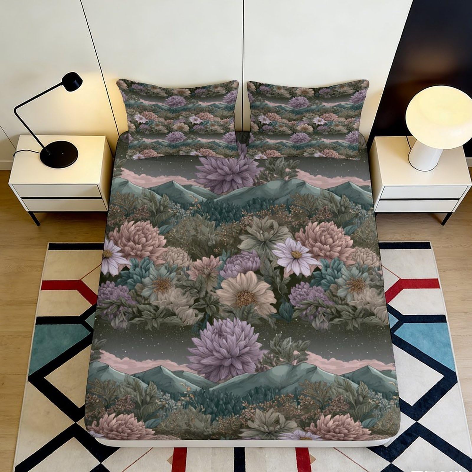 3D Printed Landscape Floral Fitted Sheet Microfiber Deep Pocket Non-Slip Floral Mattress Fitted Cover for Bedroom 160x200x25cm