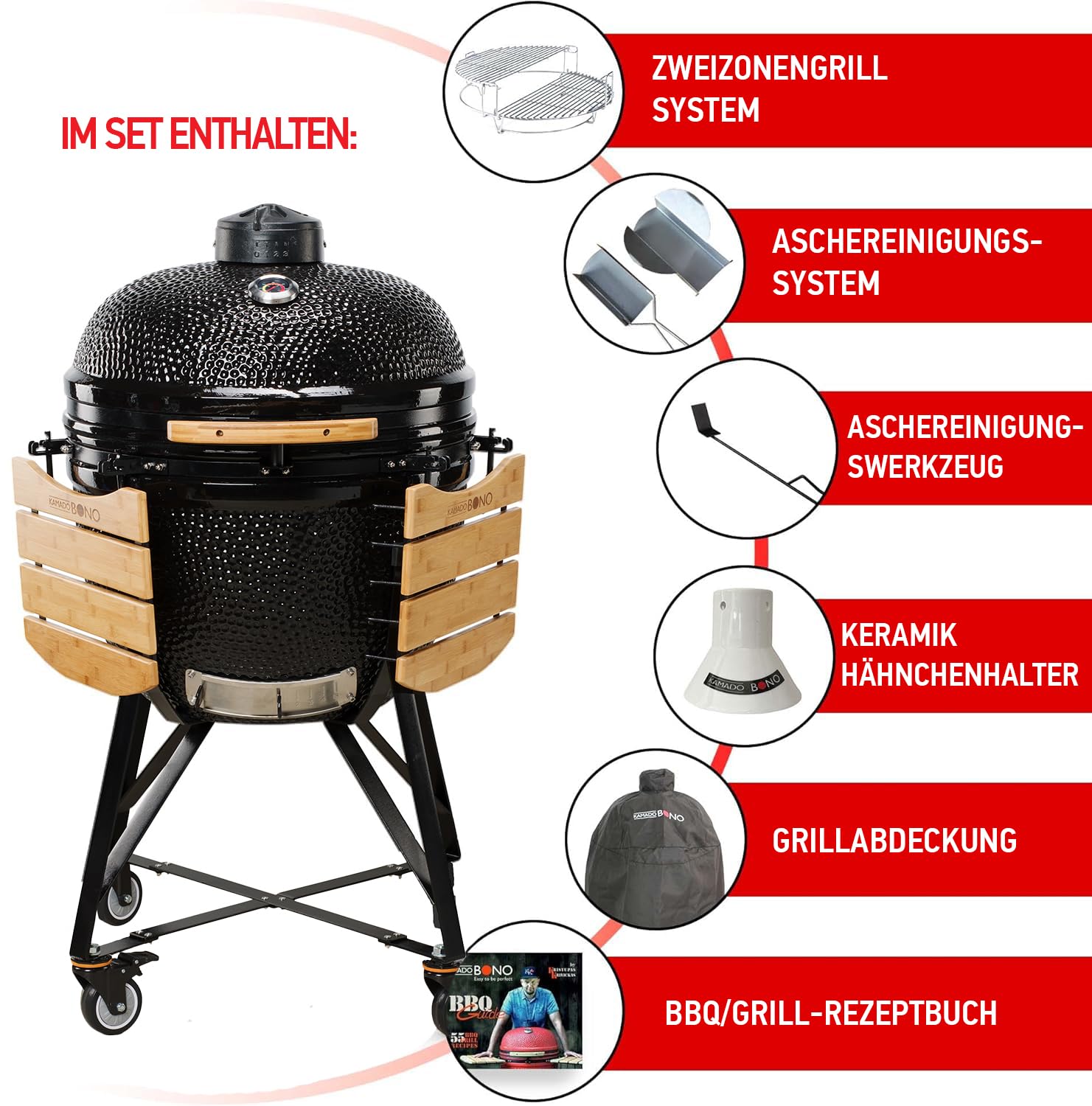 Kamado Bono Grande Limited BBQ Grill Ø 64cm und 6 zusätzliches Grillzubehör – Schwarzer Kamado-Grill – Keramikgrills für den Außenbereich – Perfekt für BBQ und Grillen