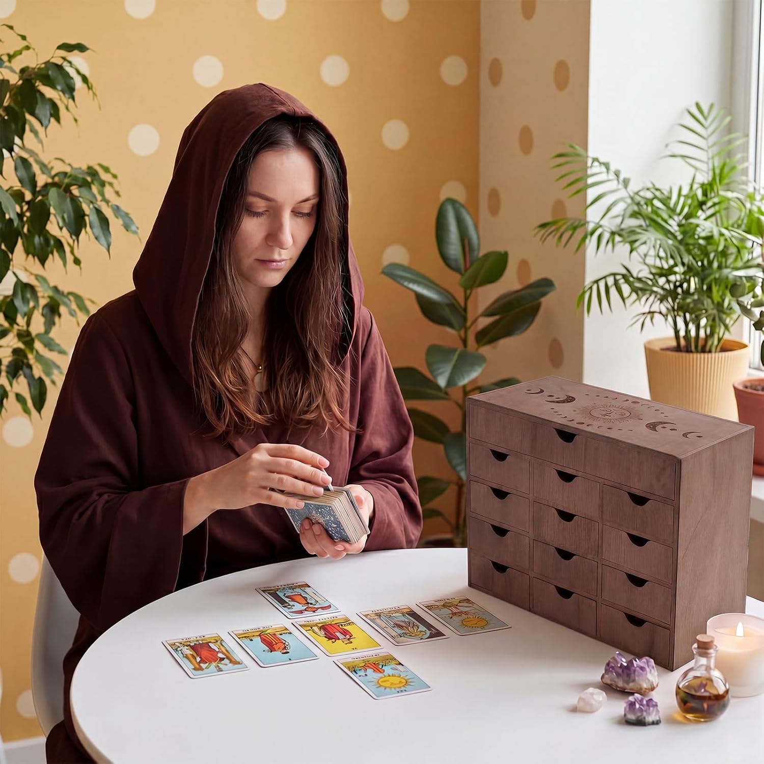 SiliFine Handcrafted Tarot Card Holder Box 13-drawer Sun and Moon Trinket Box for Tarot Card Crystals Healing Stone Herbs Decks Divination Tools Wooden Jewelry Decorative Storage Organizer