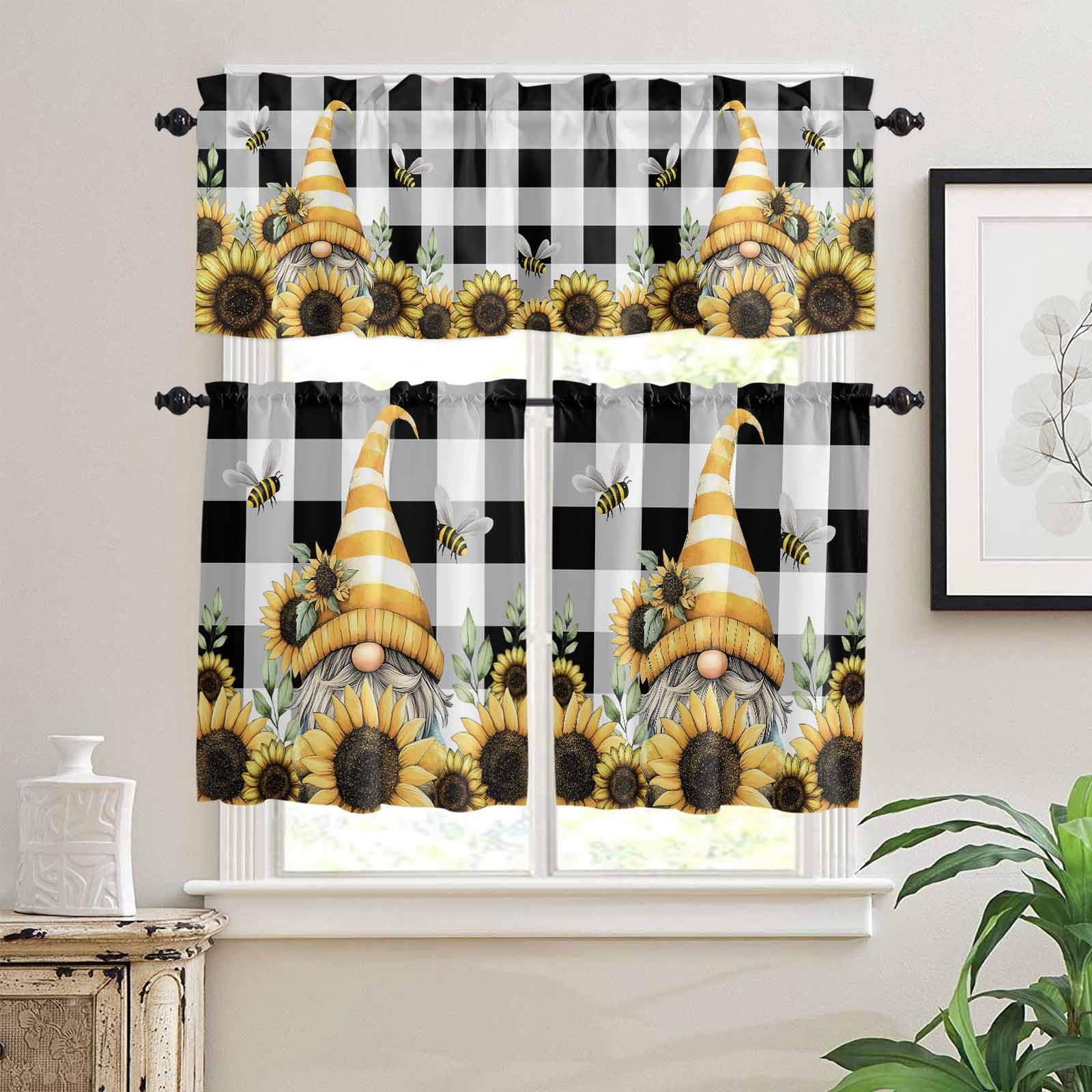 Yellow Dwarf Kitchen Curtains 36 Inch Length, 3 Piece Rod Pocket Small Half Tiers and Valance Set, Sunflower Hat Bee Black White Plaid Small Large Window Treatment Decor for Bedroom/Bathroom Sink