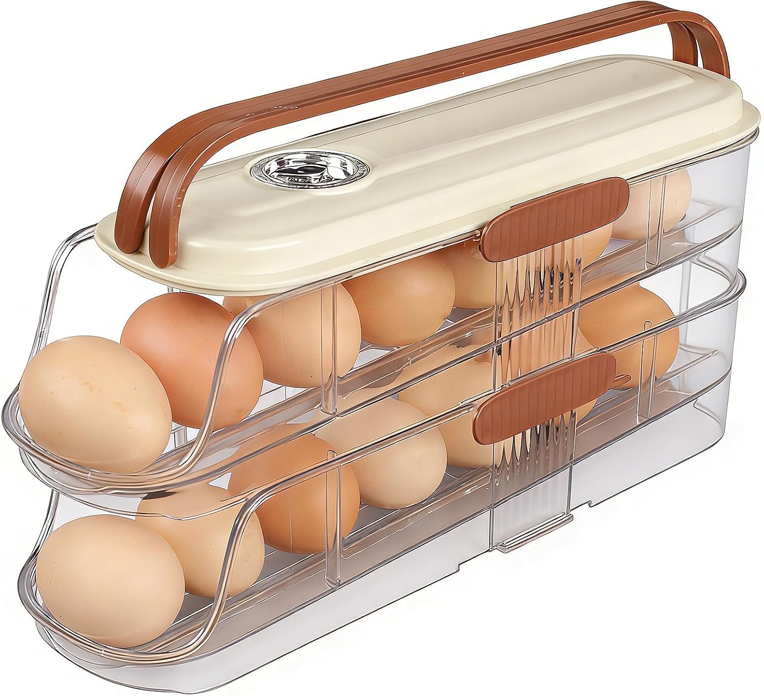 Egg Holder For Fridge, Clear Egg Organizer For Refrigerator With Lid And Handle, Automatic Rolling Eggs Holder For Fridge, Eggs Container For Counter Top, Kitchen, Outdoor (Double Column)