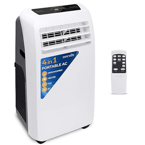 SereneLife Small Air Conditioner Portable 10,000 BTU with Built-in Dehumidifier + Heat - Portable AC unit for rooms up to 450 sq ft - Remote Control, Window Mount Exhaust Kit - White - 10,000 BTU + HEAT