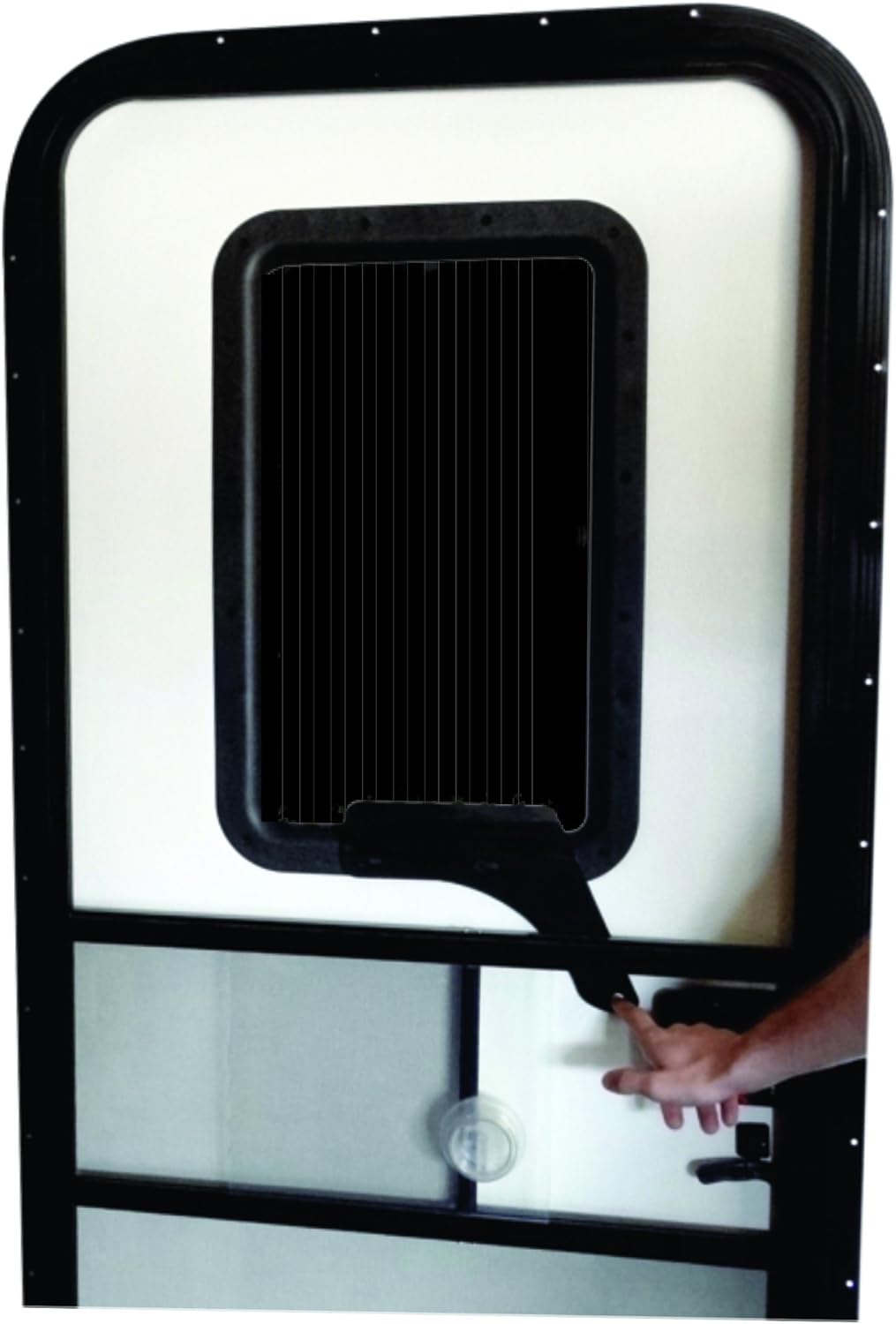 🔥 RV Door Window CloZures Shade, Controls Sun Glare, Privacy, and Outside View by Moving fingertip Lever, Without Opening Screen Door. Kit Includes Tinted Glass to Replace Frosted Glass. (Black)