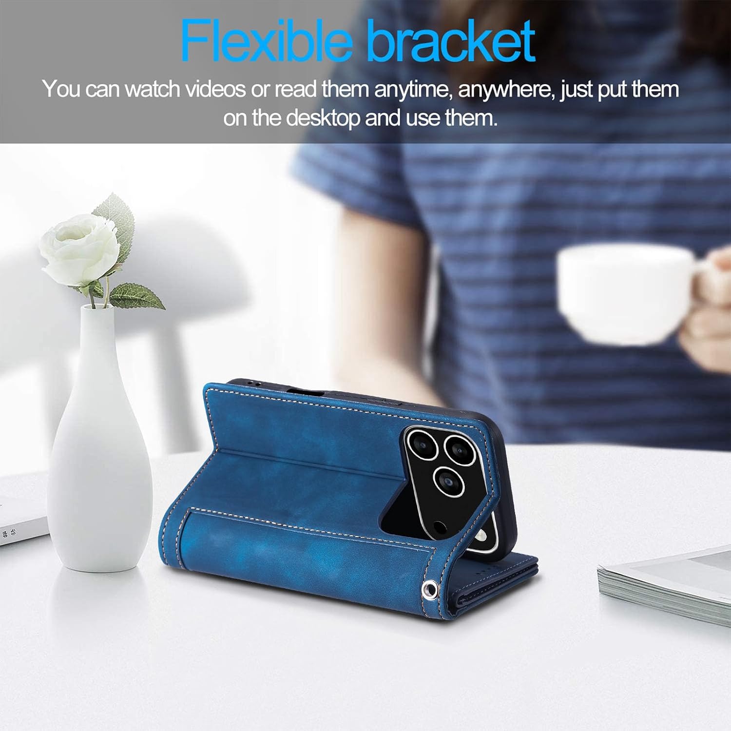 UEEBAI Wallet Case for iPhone 18 Pro/17 Pro, 9 Card Holder Slots Zipper Pocket Handbag Cover Magnetic Closure Kickstand with Wrist Strap TPU Shockproof Flip Case for Women - Blue image 3