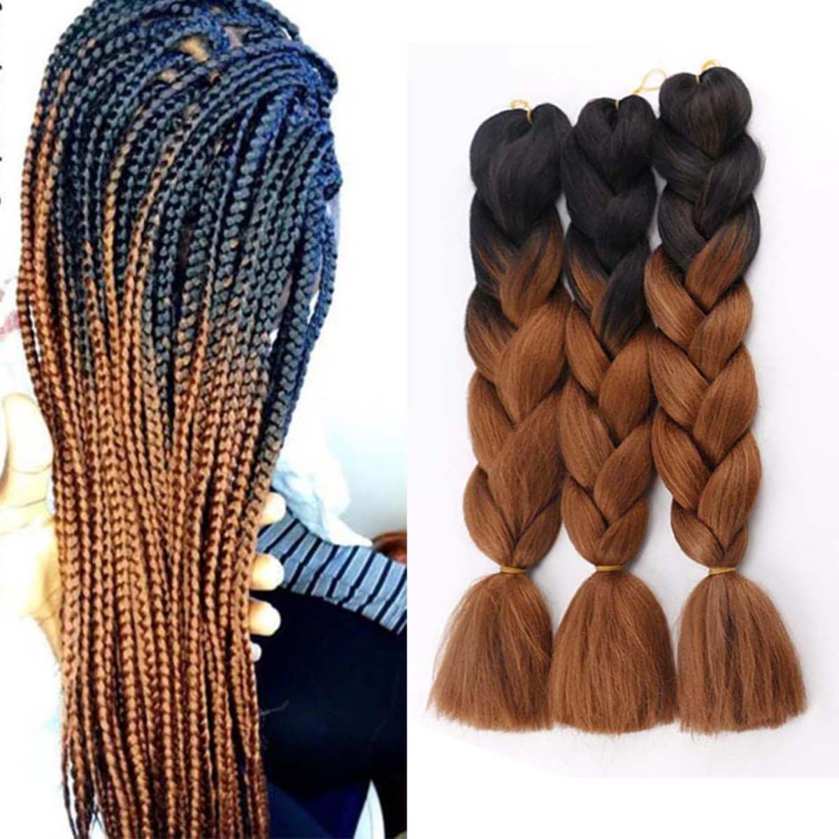 Jumbo Braids Colorful Synthetic Kanekalon Hair Extensions for DIY Crochet Box Braiding Ombre 2Tone Black-Brown 3Pcs 100g/Pcs 24Inches