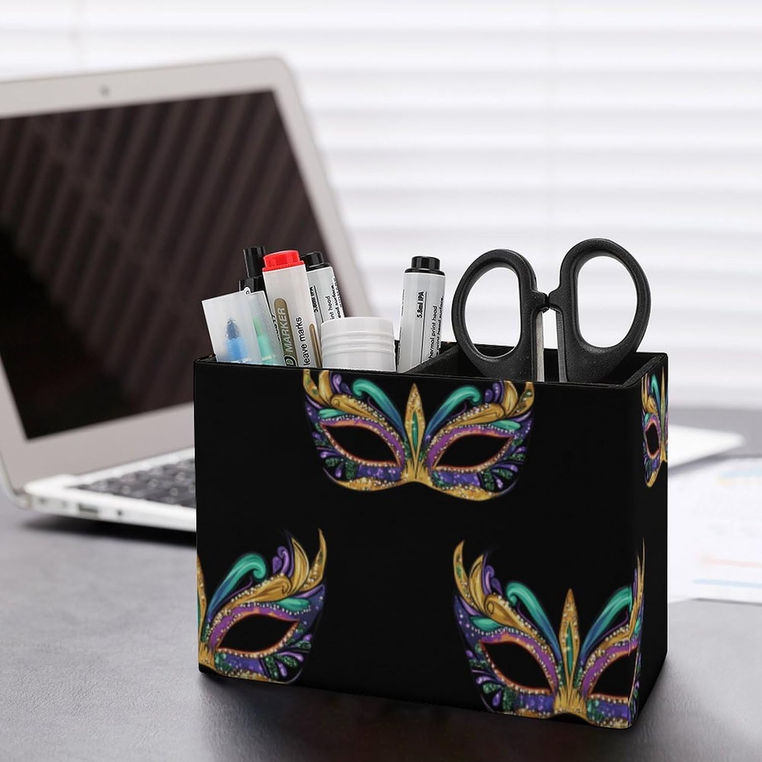 Mardi And Gras Mask Pencil Pen Holder PU Leather Desk Storage Organizer Makeup Brush Box