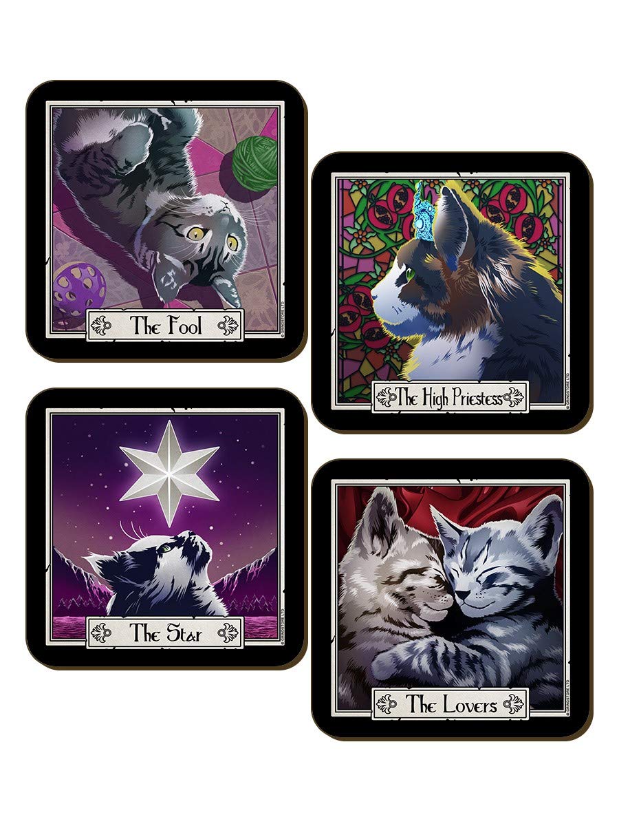 Deadly Tarot Black Felis Fool, Lovers, Star & Priestess 4 Piece Coaster Set 9.2X9.2cm