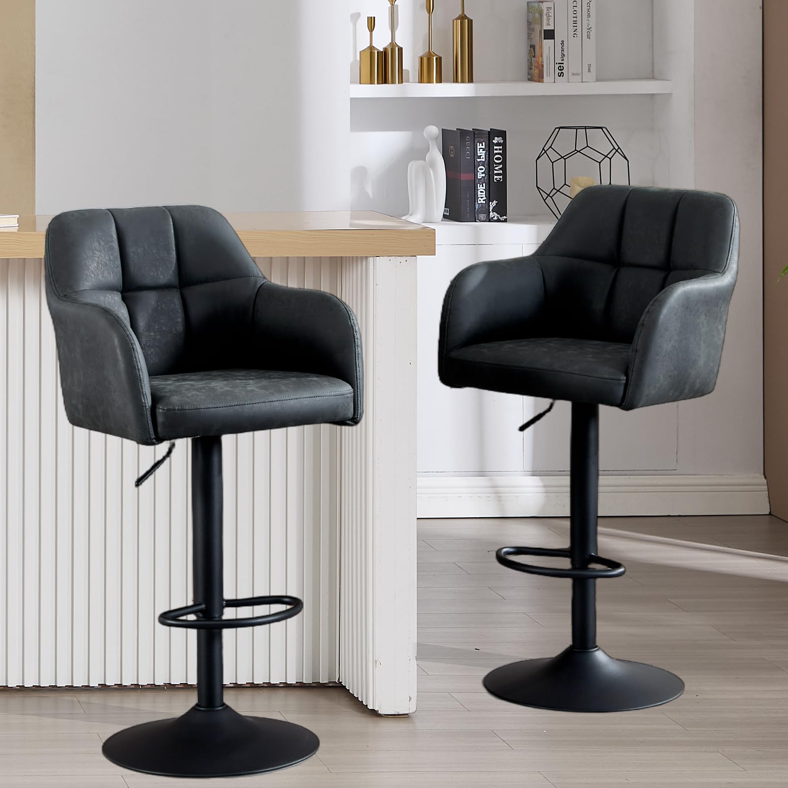 Chummaven Adjustable Barstools Set of 2, Swivel Counter Height Stool with Arms 24''-33'' H Leather Bar Stools, Modern Metal Island Chairs with Back