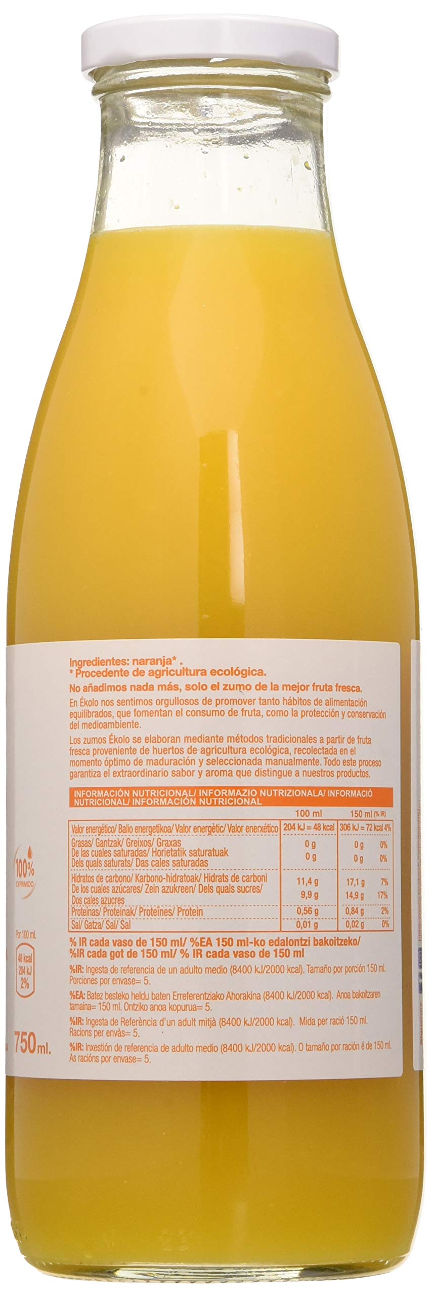 Ekolo Zumo De Naranja Ecológico, 100% Exprimido, 6 Botellas * 750Ml 4500 ml