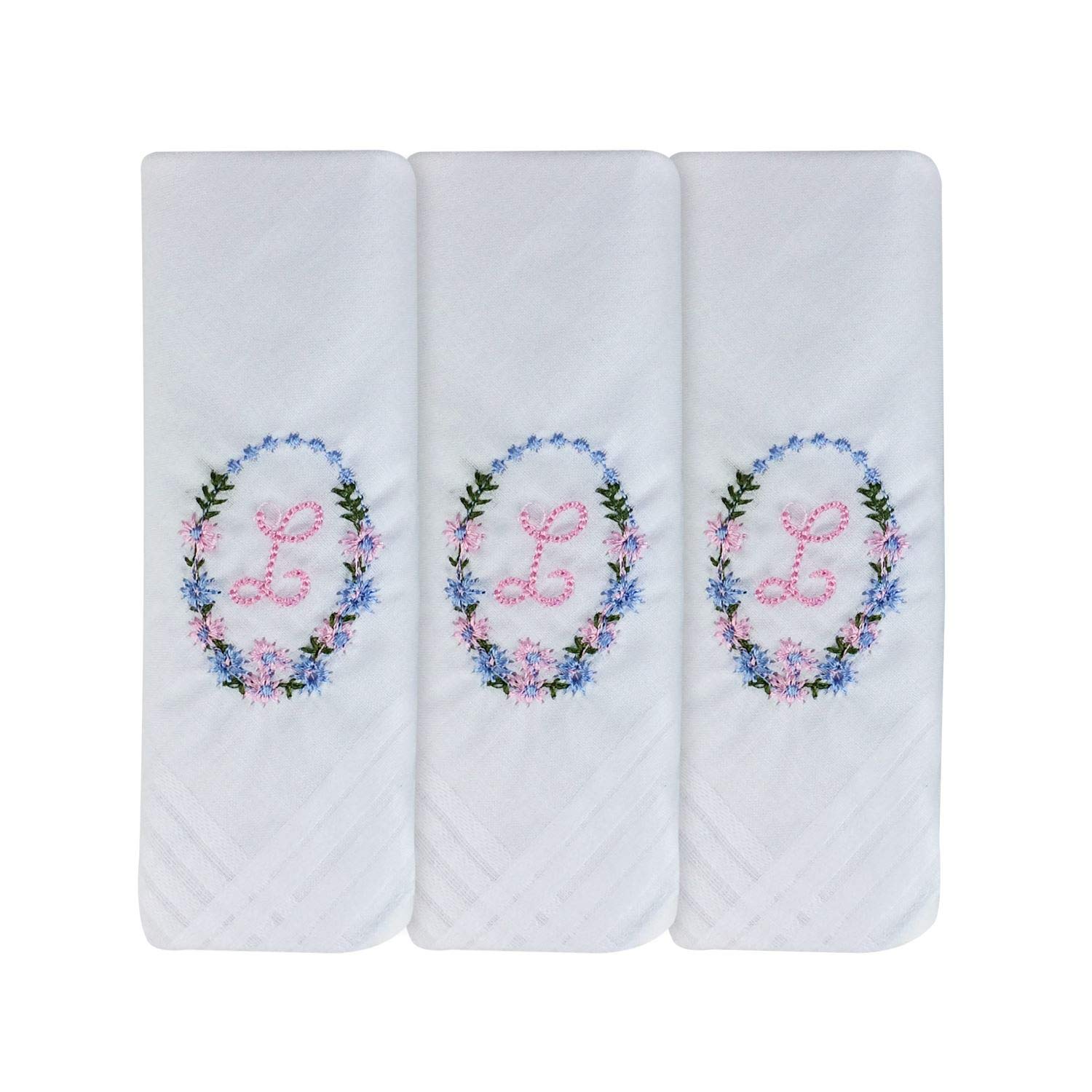 Surf the Shop 3 Pack Of Womens/Ladies Embroidered Initial Handkerchiefs With White Satin Border Various Initials (L)