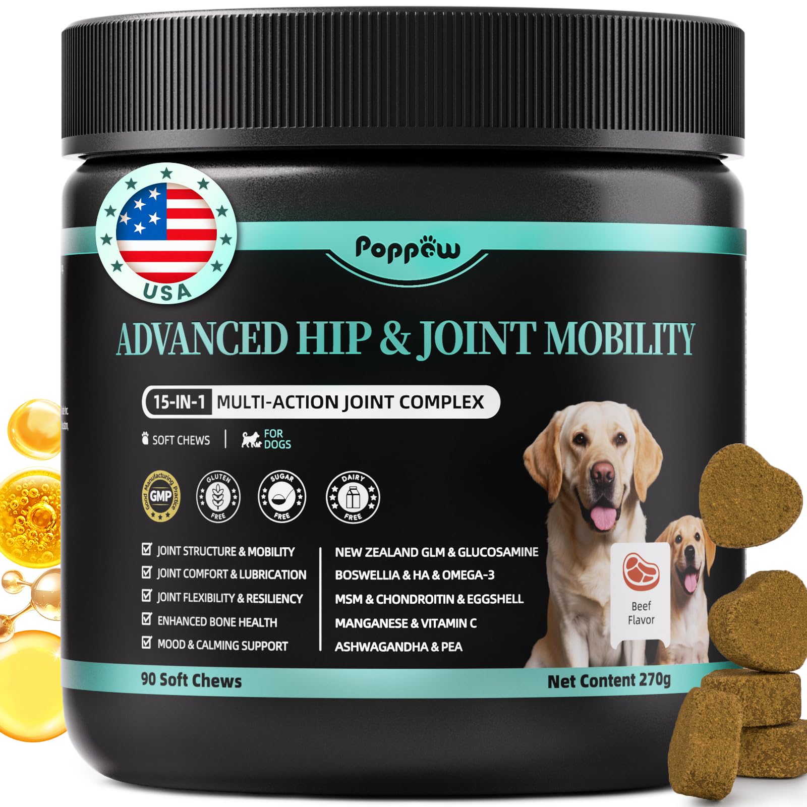 Advanced Dog Joint Supplement – 15-in-1 Glucosamine for Dogs with Chondroitin, MSM & Green Lipped Mussel – Hip & Joint Pain Relief Mobility Chews, Beef Flavor, 90Ct Breeds