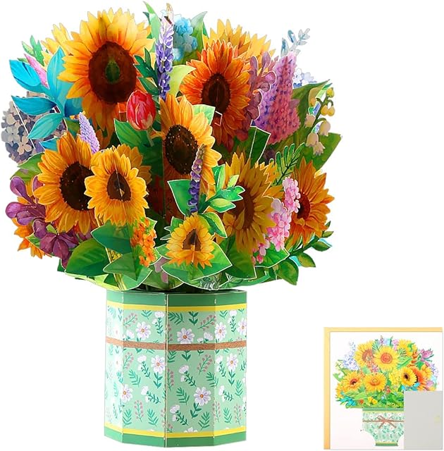 Jagowa 3D Pop up Flower Bouquet Greeting Card Cherry Blossoms Sunflower Lavender Carnation Flower Mum Mothers Day Birthday Card