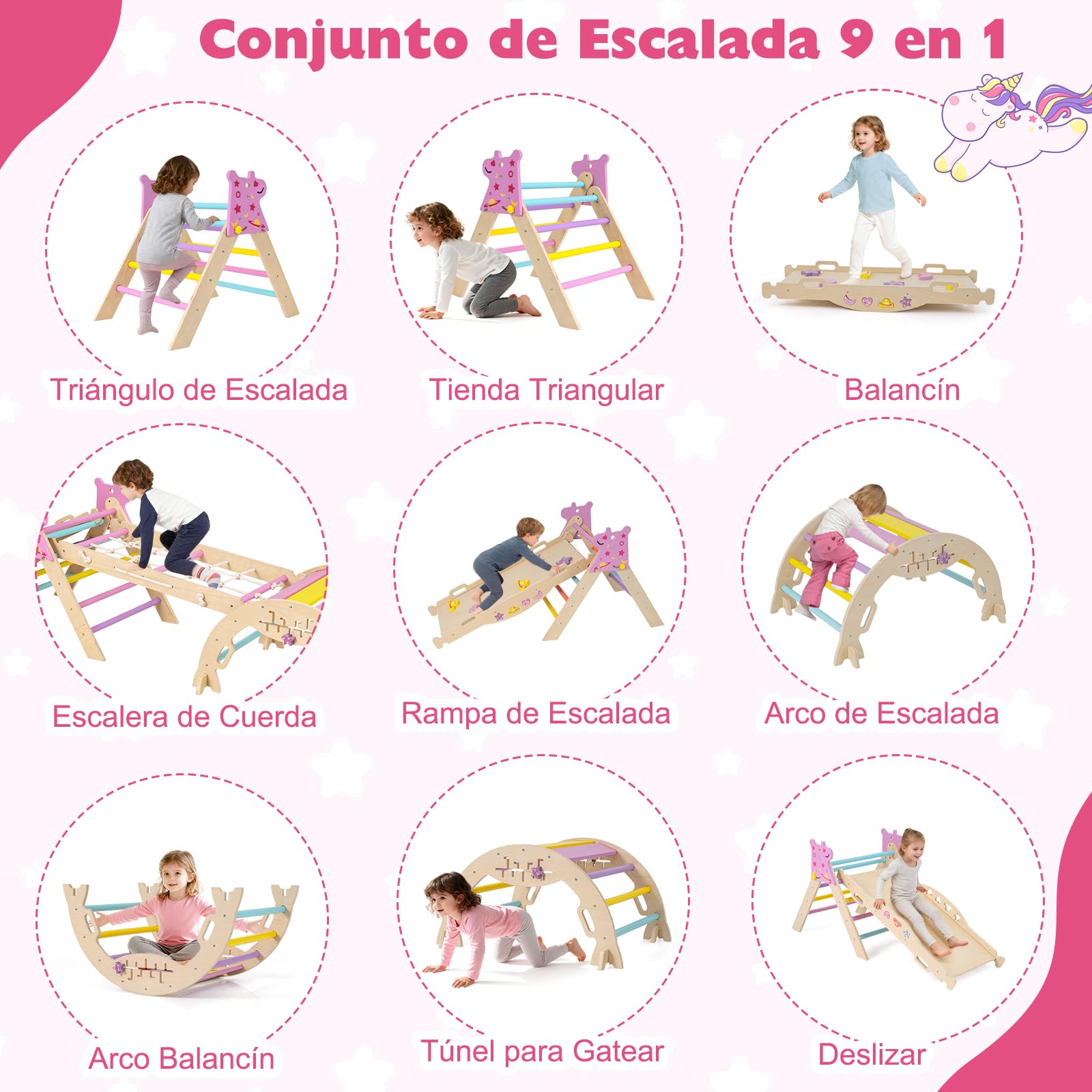 GOPLUS Triángulo de Escalada 9 en 1, Montessori Escalador Infantil Plegable con Tobogán, Estructura de Escalada con Arco, Rampa, Slide Aprendizaje para Niños de 1+ Año, Carga 50KG (Macaron,Unicornio)