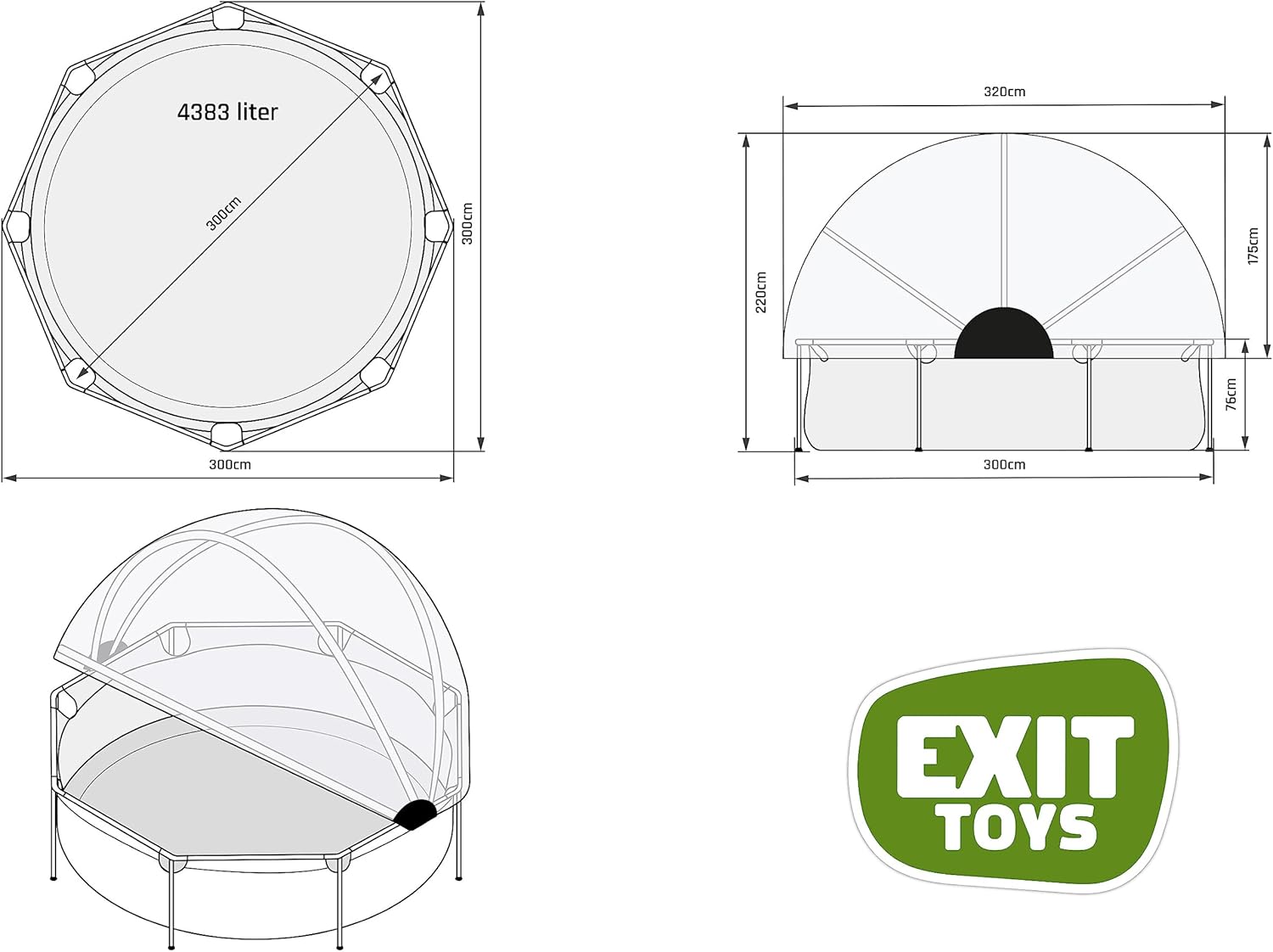 Бассейндин өлчөмдөрүн жана куполдун түзүлүшүн көрсөткөн техникалык диаграммалар