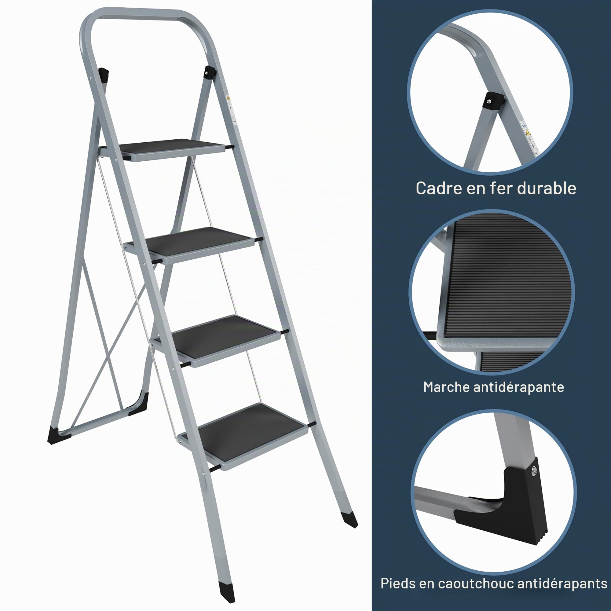 Home Vida Escabeau à 4 marches en Acier Robuste avec marches Larges et antidérapantes, Charge maximale de 150 kg, pour la Maison, la Cuisine, Le Bricolage, Le Jardin, Gris