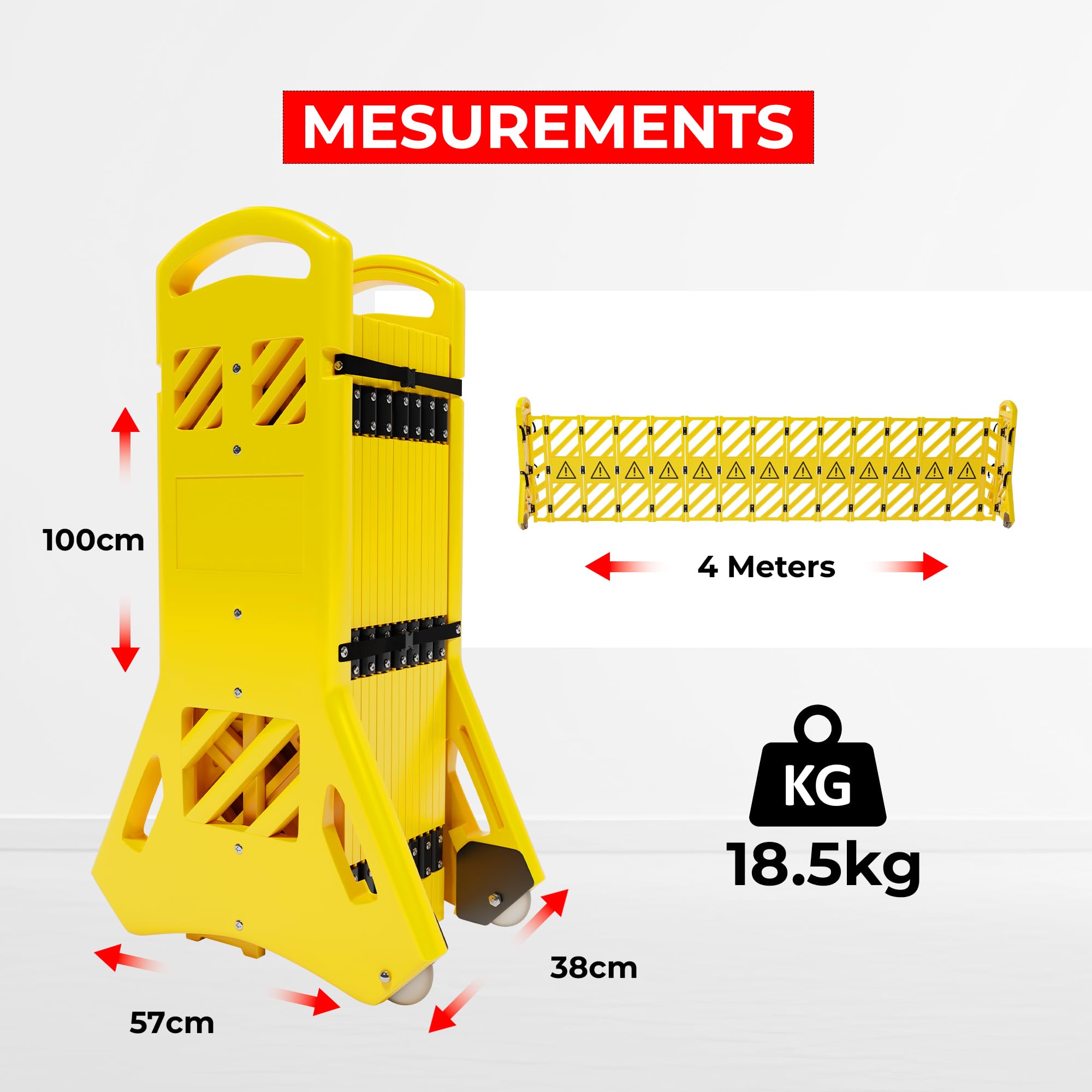 Barrera de plástico plegable expandible Amarillo | Barricada seguridad móvil retráctil | Control tráfico temporal peatonal