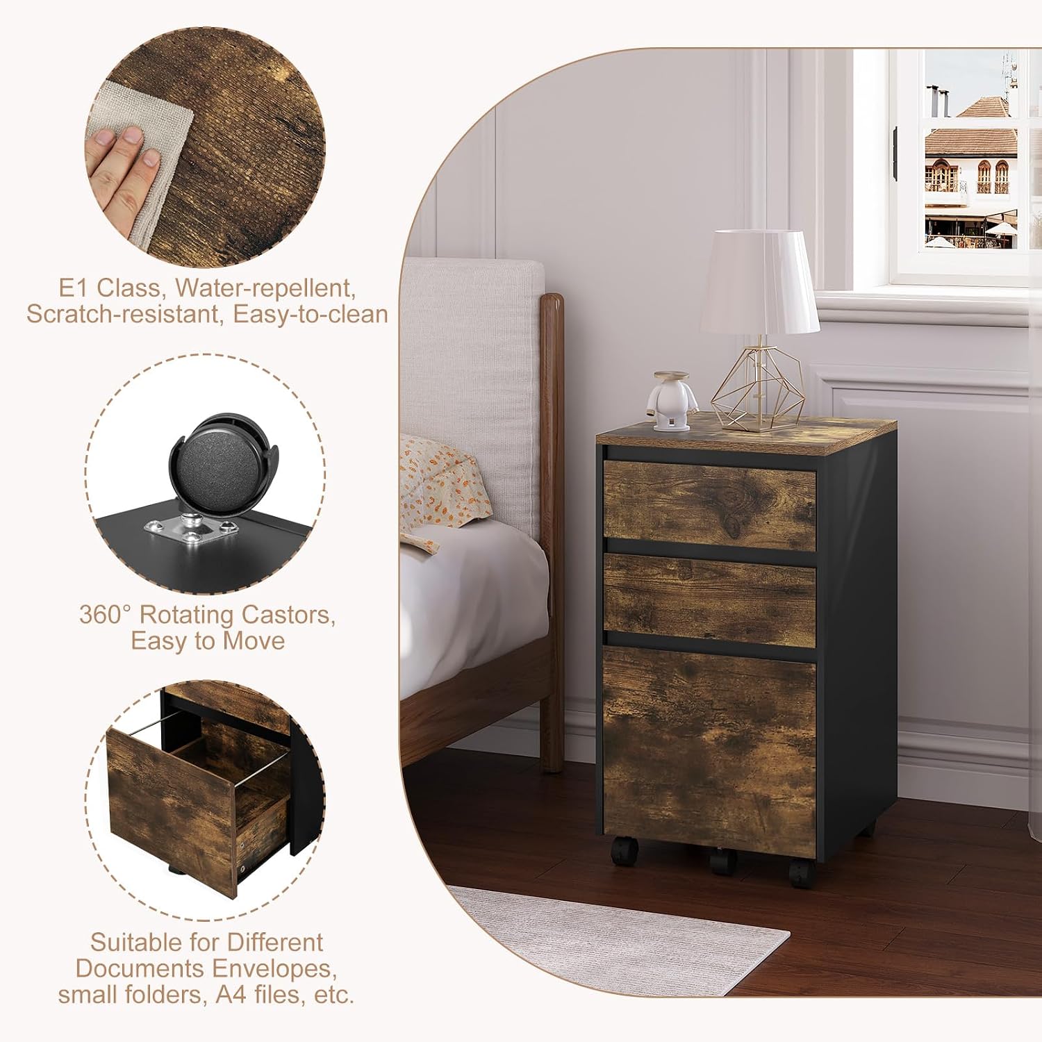 WOLTU Mobile Filing Cabinet for Lever Arch Folders, Storage Cabinet in the Office, with Wheels, Rolling, with 3 Drawers, Dark Oak Black, 40 x 70 x 40 cm, ASK01hov - Image 6