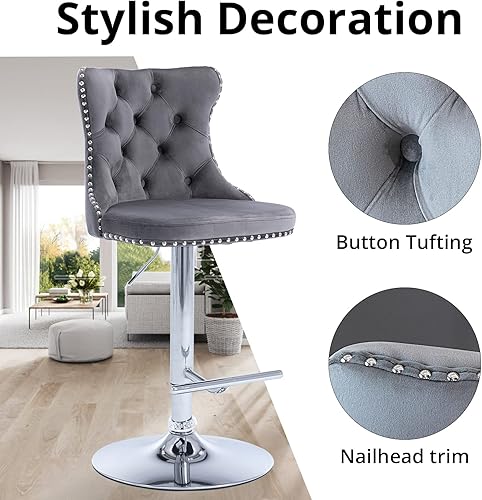 Miniatura 5 de Juego de 4 taburetes de bar giratorios, ajustables, altura de encimera, cojín grueso, anillo de tracción y ribete de cabezas de clavos, de