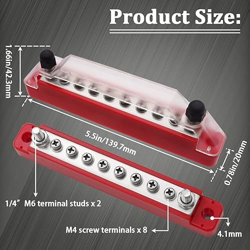 Miniatura 2 de (rojo + negro) Bloque de terminales de distribución de energía con cubierta con 2 pernos de terminal de 14 pulgadas (M6), 8 tornillos de terminal