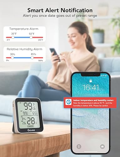 Vista 25 de Govee Higrómetro digital Bluetooth para interiores, medidor de humedad y temperatura de la habitación con monitoreo remoto de aplicaciones, pantalla