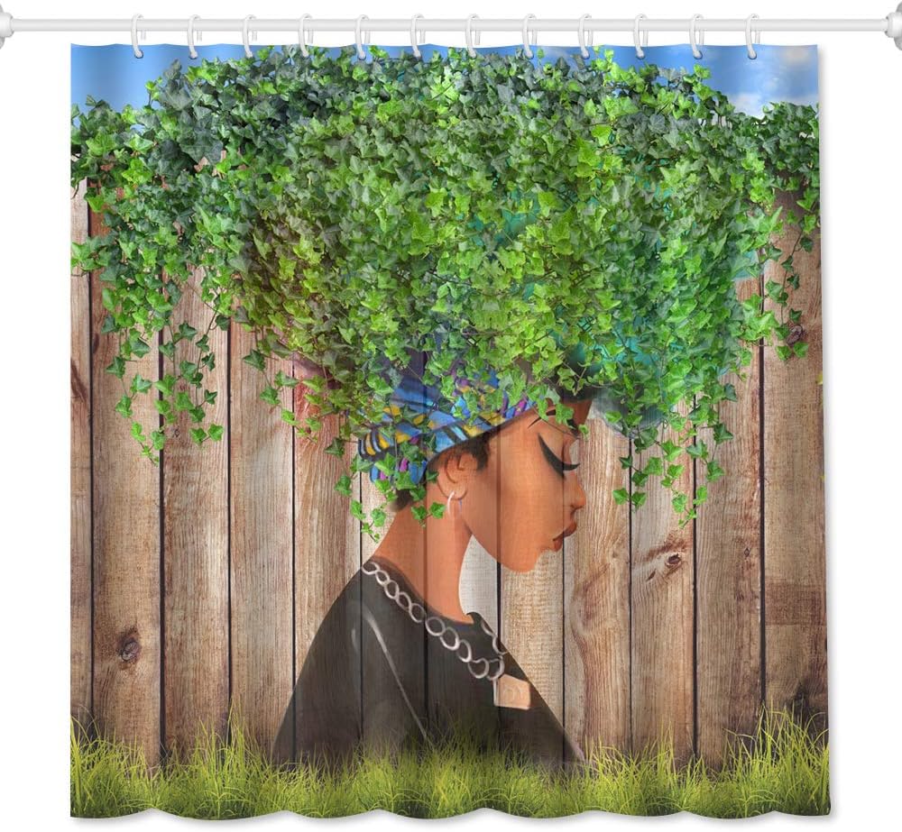 QiyI African Woman Shower Curtain Afro Black Art Women Watercolor Design Bathroom Accessories Waterproof & Machine Washable Bathtub Curtains with 12 Hooks 72" W x 72" L - Green Leaves Girl