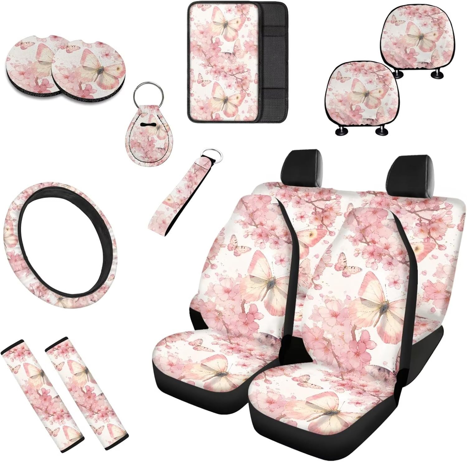 Cartoon Mini Shark 13 Pcs Seat Covers Full Set Front and Back Seat Covers Steering Wheel Cover Seatbelt Strap Cover Cup Mat Keychains(Navy Blue)