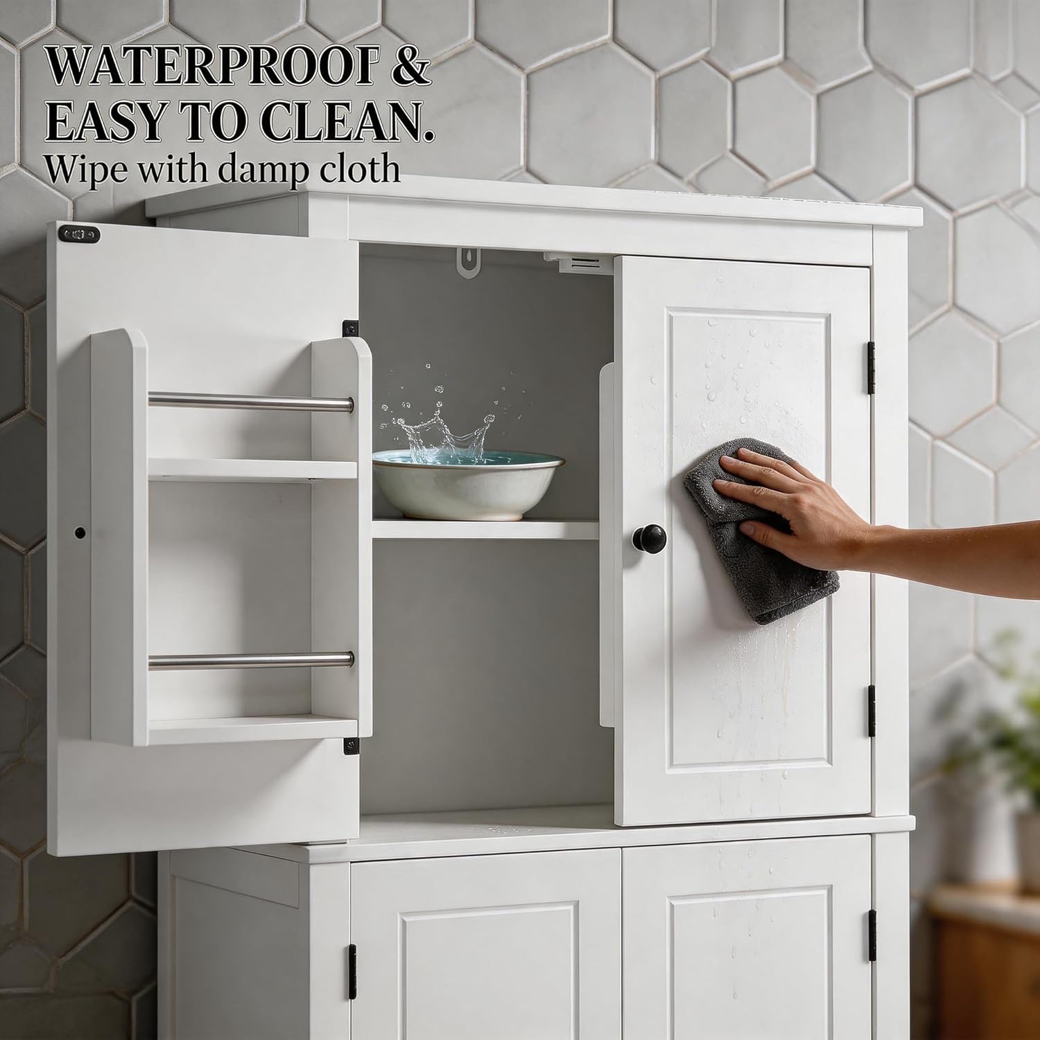 Bathroom Floor Storage Cabinet with Side Door Racks, 4-Door Freestanding Pantry Cupboard with Adjustable Shelves, Multipurpose Utility Organizer for Kitchen and Cleaning Room