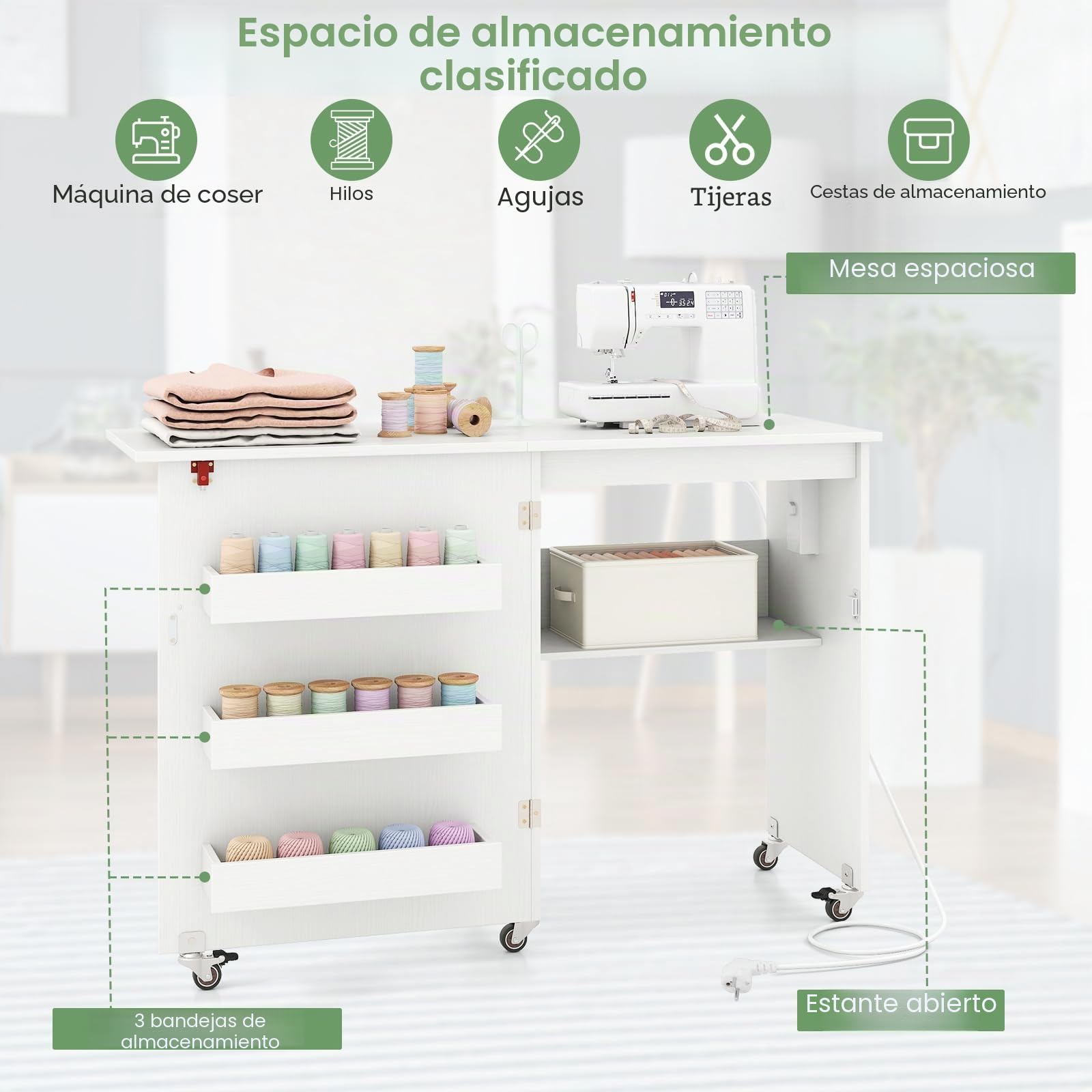 GIANTEX Armario de Costura Plegable con 5 Ruedas, Mesa de Coser con Estación de Carga, 3 Compartimentos y 1 Estante Abierto, para Dormitorio, Salón y Estudio (Blanco, 116x41x78cm)