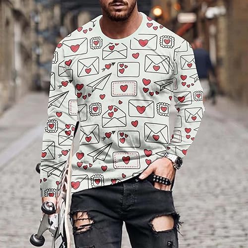 Miniatura 2 de Camisetas Forma corazón Camisas Hombres Manga Larga Cuello Redondo Camiseta Túnicas Día San Valentín Tops Camisetas