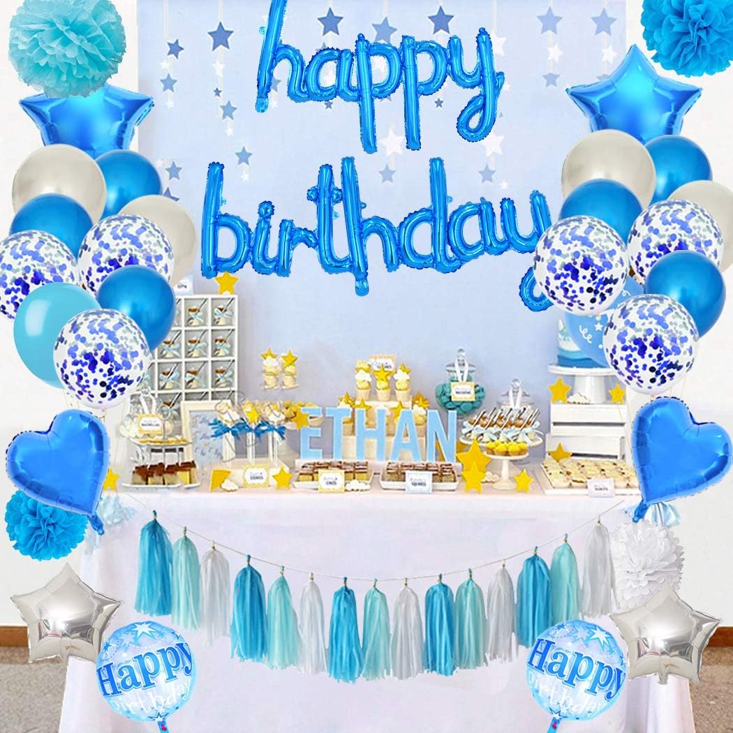 BEISHIDA Blue Happy Birthday Balloons Banner 16 Inch Mylar Foil Birthday Letters Balloons for Kids Adults Ocean Theme Party Decorations Supplies